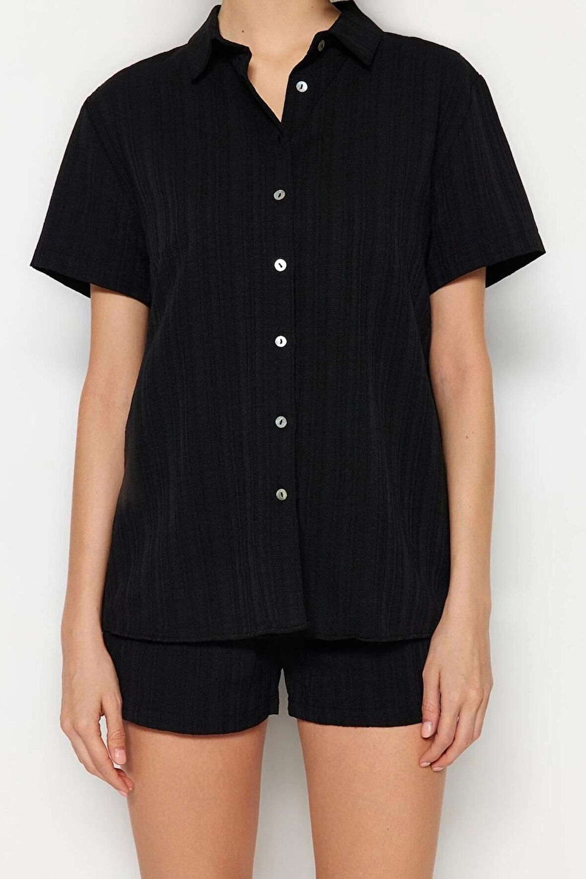 Moda Örme Düz Gömlek Yaka Plaj Ekru Dokuma Keten Karışımlı Gömlek Şort Takım