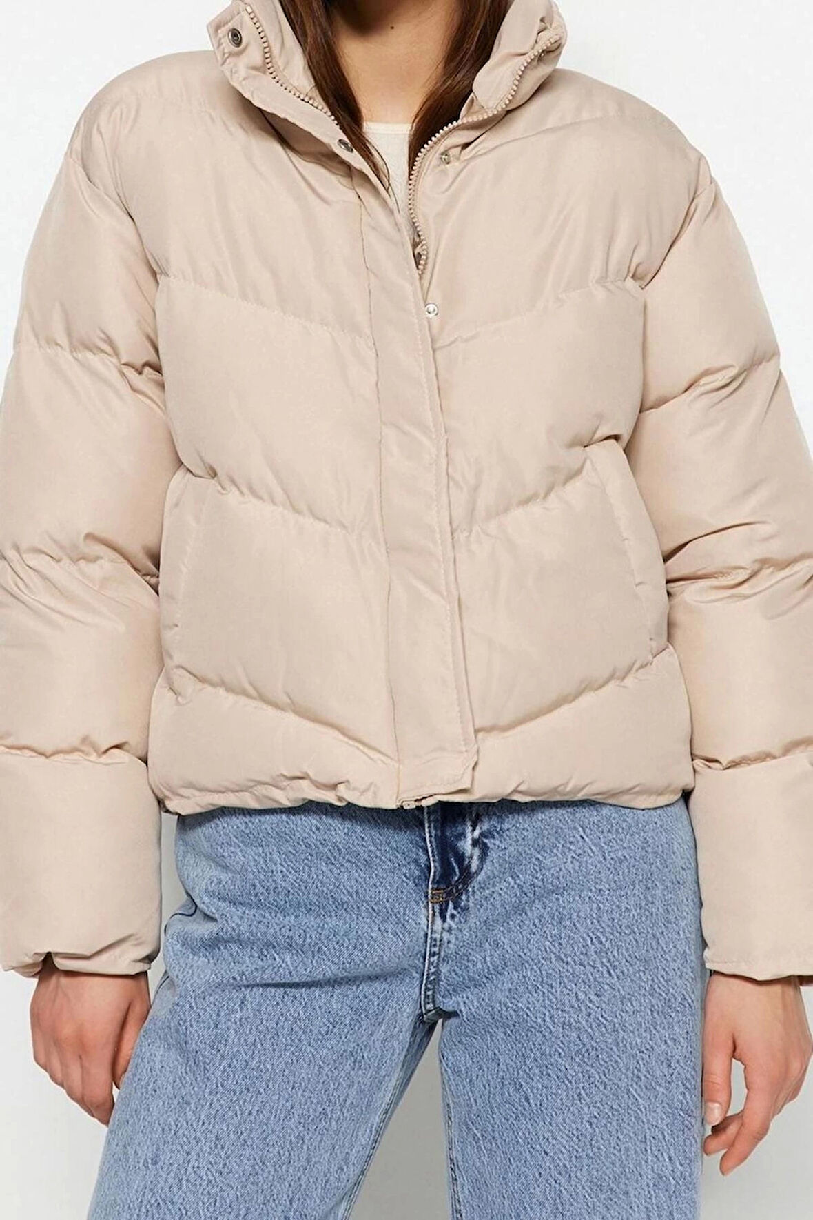 Tasarım Düz Astarlı Yaka Standart Regular Dik Kadın Regular Su İtici Şişme Mont