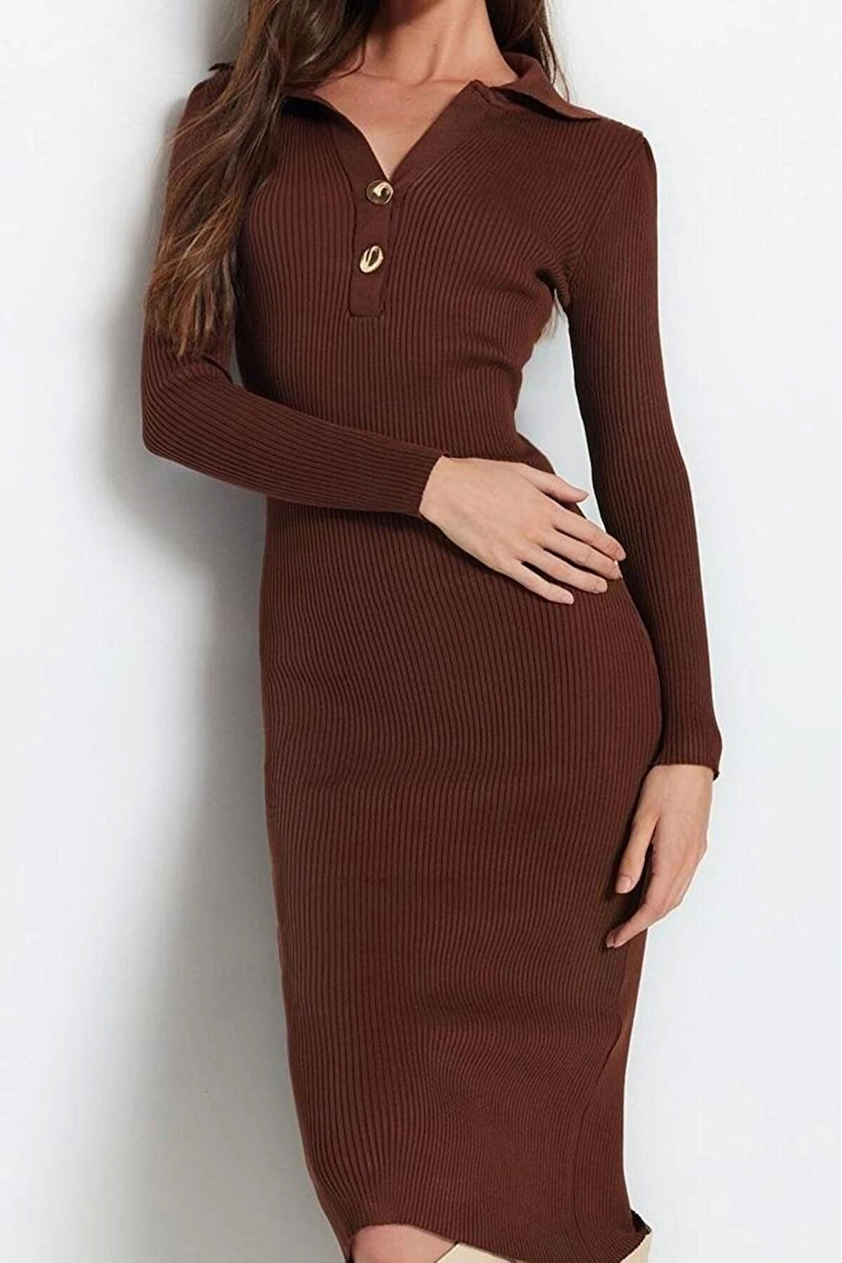 Moda Stil Slim Polo Yaka Midi Boy Triko Elbise