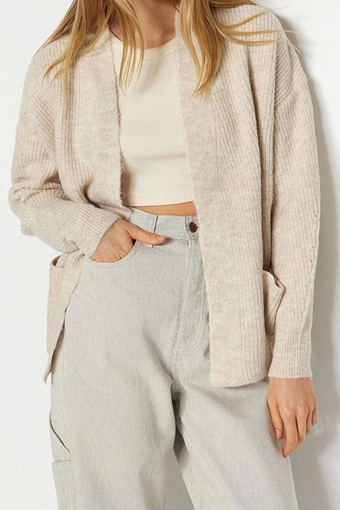 Kadın Modern Tarz Oversize V Yaka Regular Triko Hırka