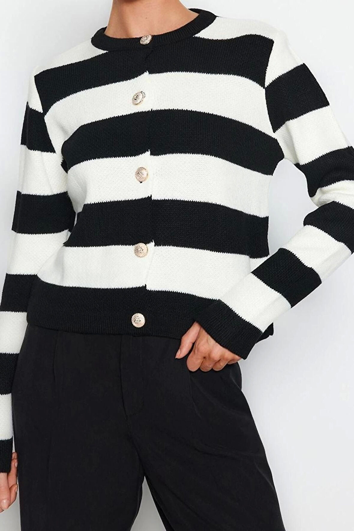 Stil Modern Kadın Regular Standart Kol Bisiklet Yaka Çizgili Basic Triko Hırka