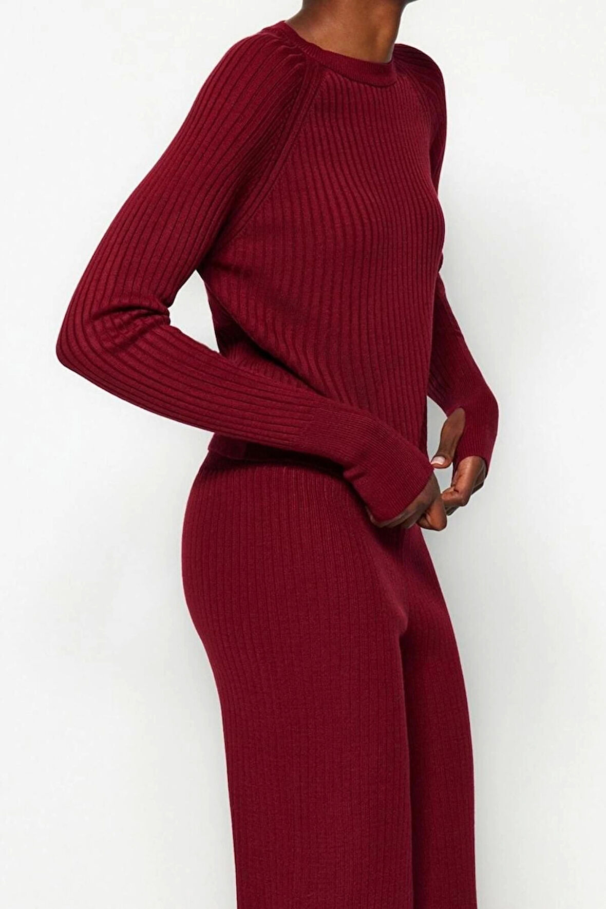 Tarz Kadın Modern Moda Normal Bel Boru Paça Bisiklet Yaka Basic Parmak Detaylı Triko Alt-Üst Takım