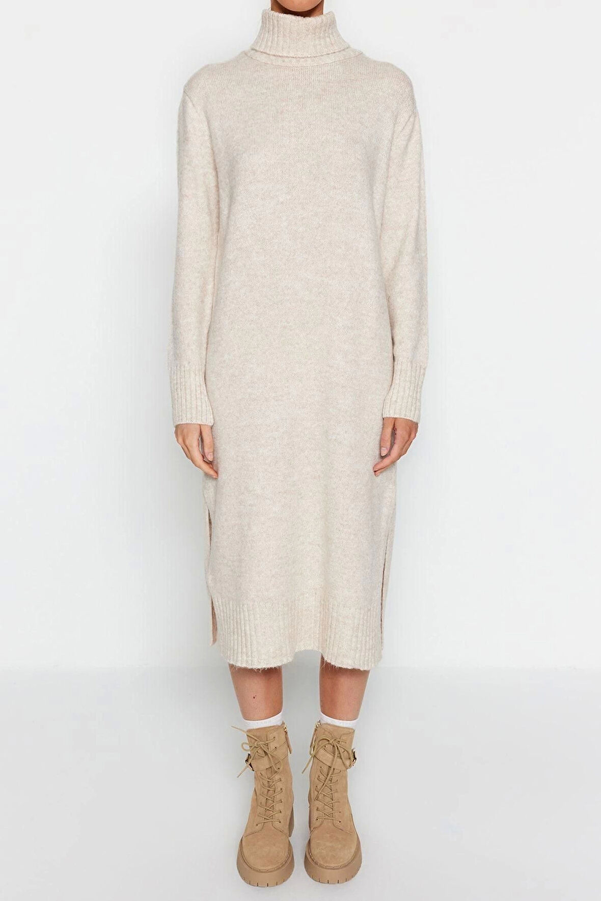 Moda Oversize Casual Günlük Dolu İğne Triko Balıkçı Yaka Uzun Kol Shift Midi Boy Elbise