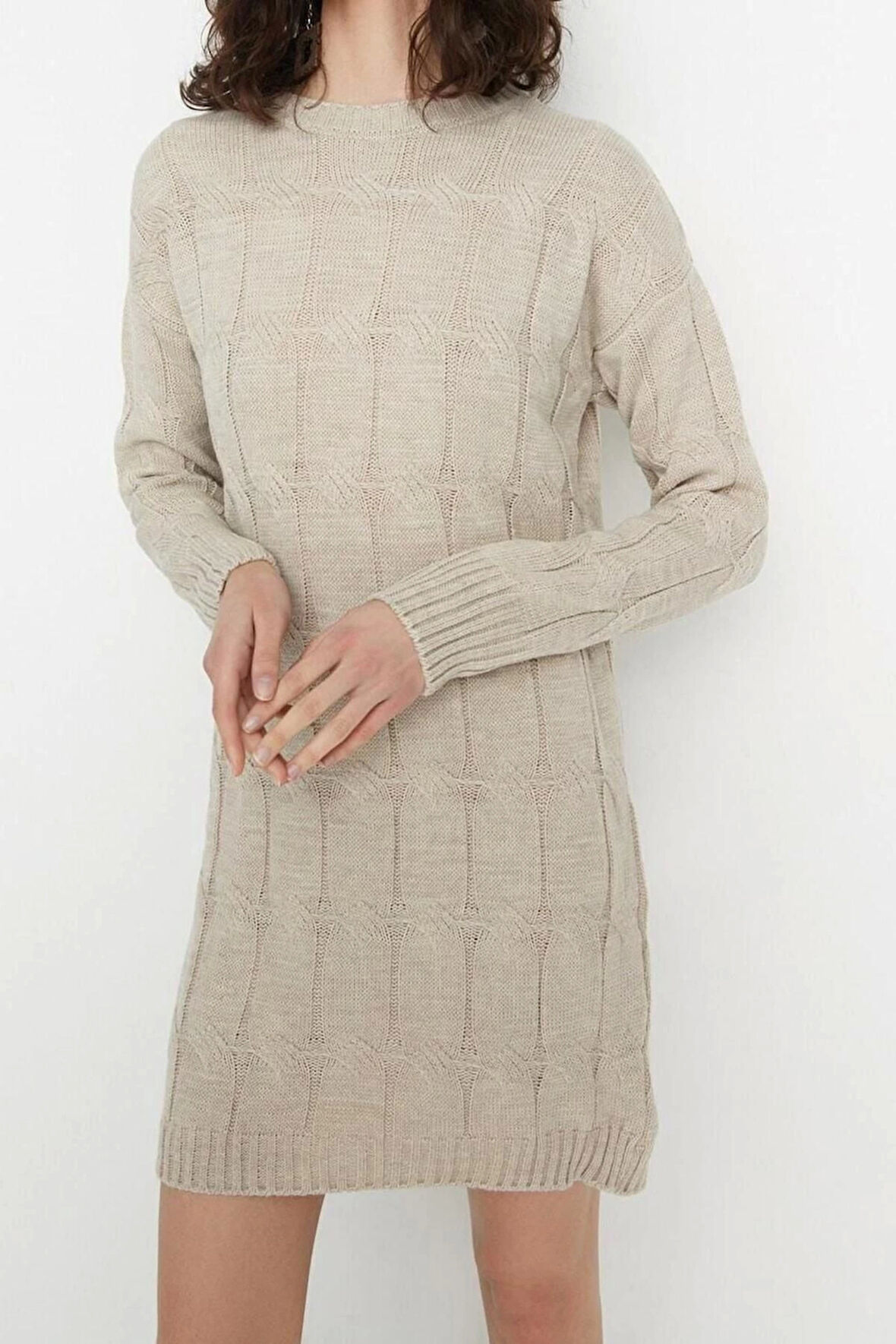 Moda Oversize Casual Günlük Çift Plaka Triko Bisiklet Yaka Uzun Kol Shift Mini Boy Elbise