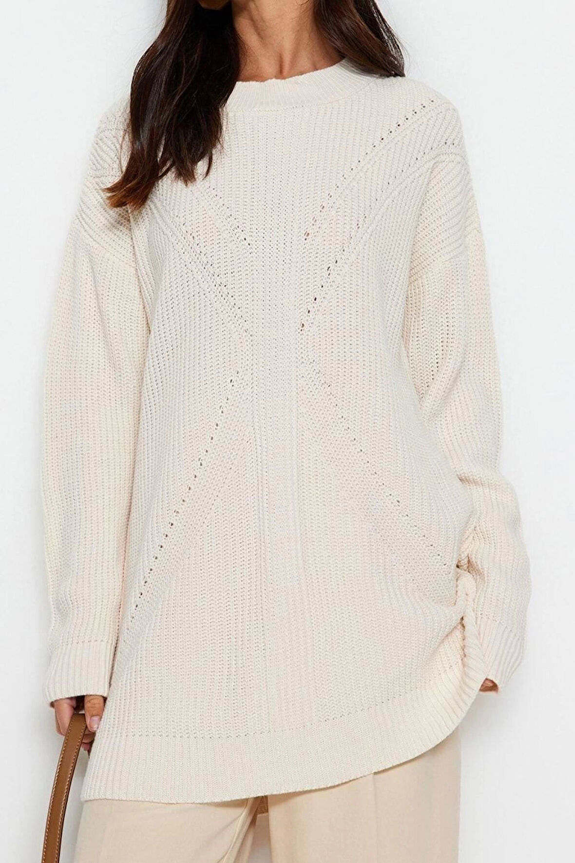 Kadın Modern Tarz Rahat Uzun Bisiklet Yaka Ajurlu Kol Regular Triko Kazak