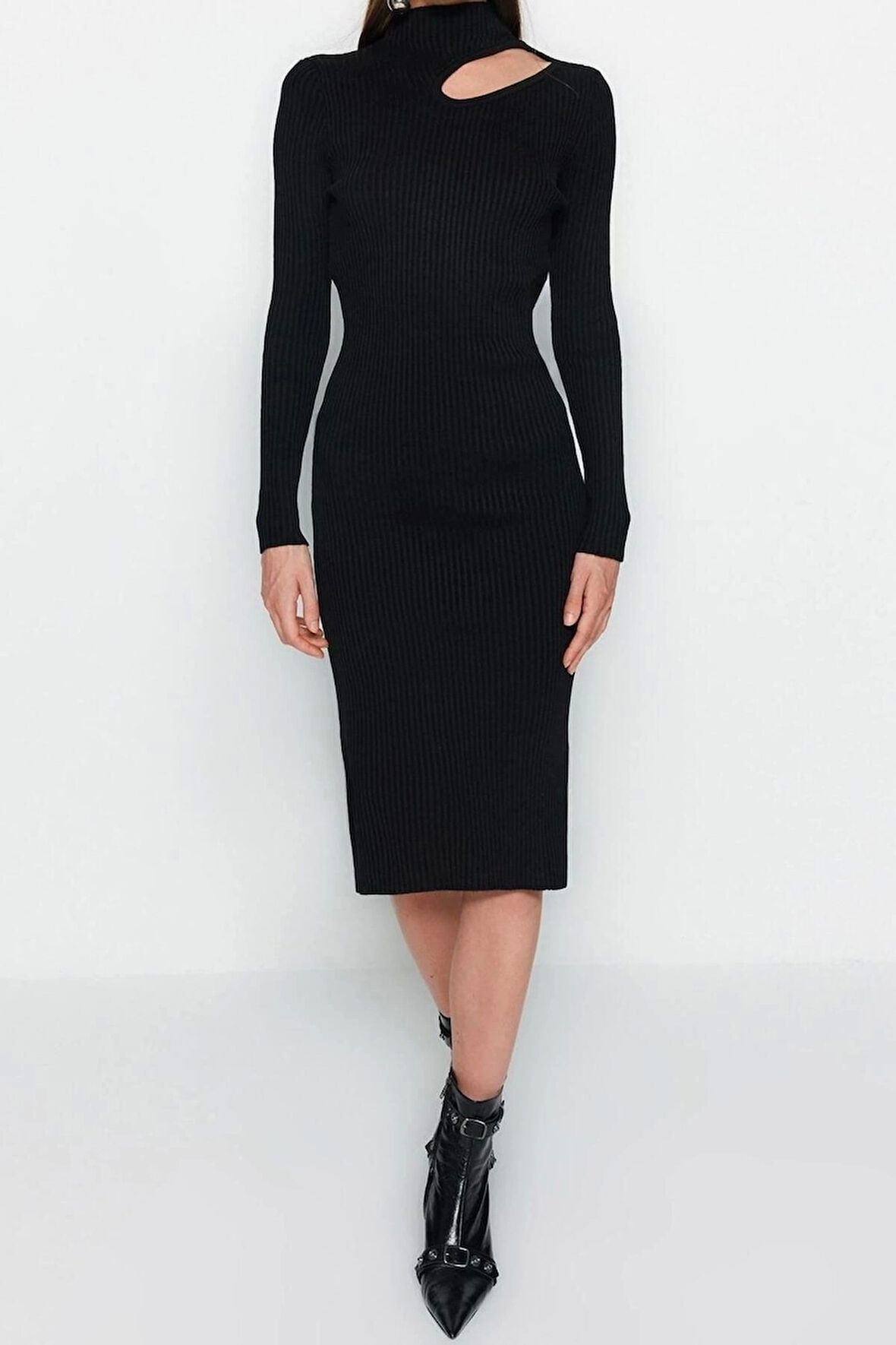 Moda Slim Casual Günlük Fitilli Triko Dik Yaka Uzun Kol Bodycone Midi Boy Elbise