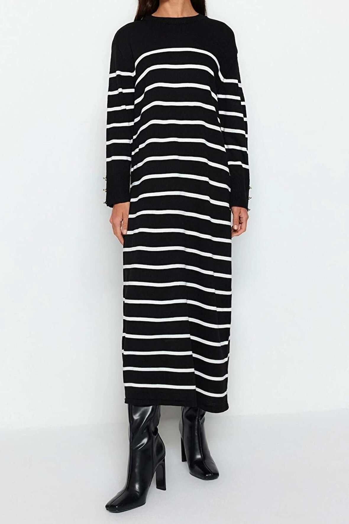 Moda Regular Casual Günlük Çift Plaka Triko Bisiklet Yaka Uzun Kol Shift Maxi Boy Tesettür Elbise