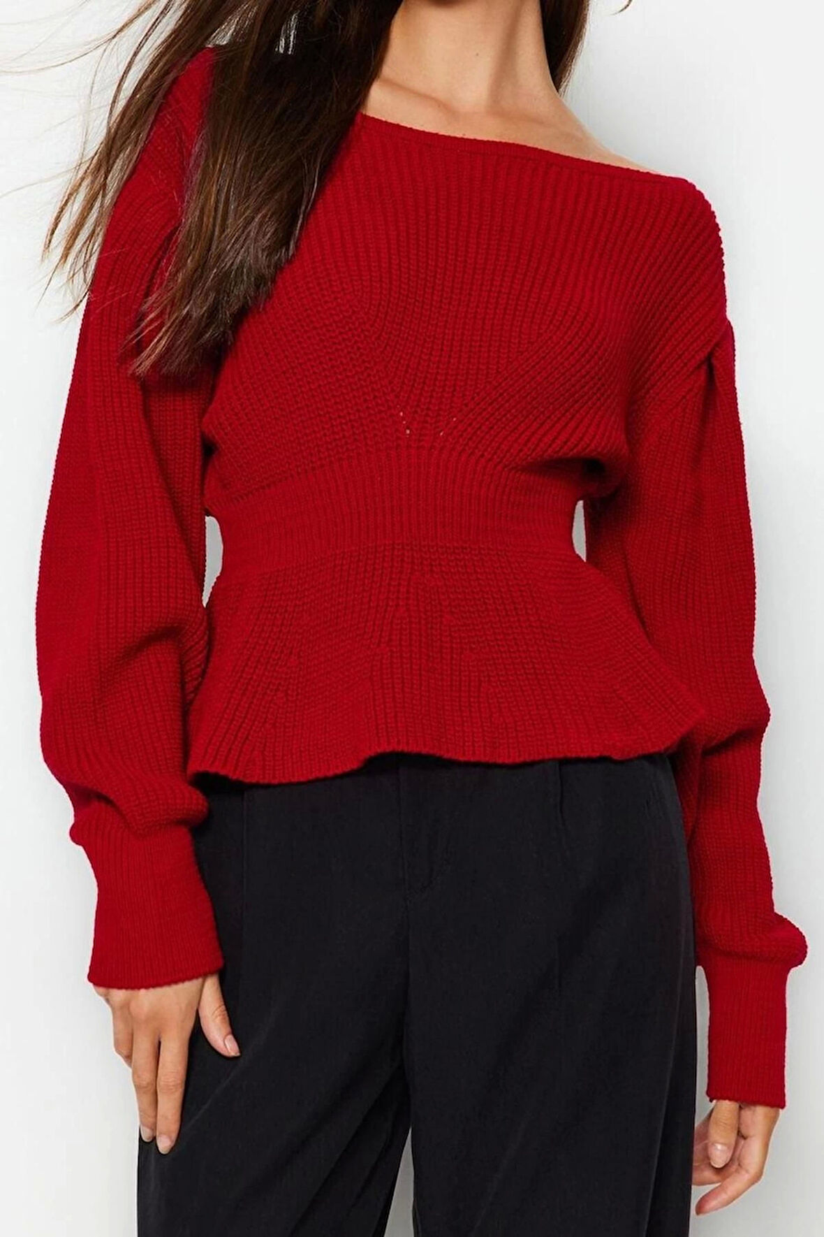 Stil Modern Kadın Regular Balon Kol Kayık Yaka Volanlı Triko Kazak