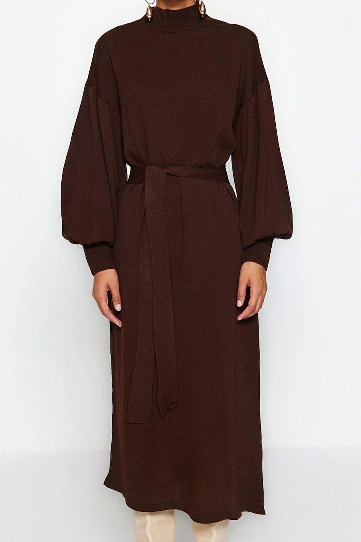 Moda Regular Casual Günlük Tek Plaka Dokuma Bisiklet Yaka Uzun Kol A-Line Maxi Boy Tesettür Elbise