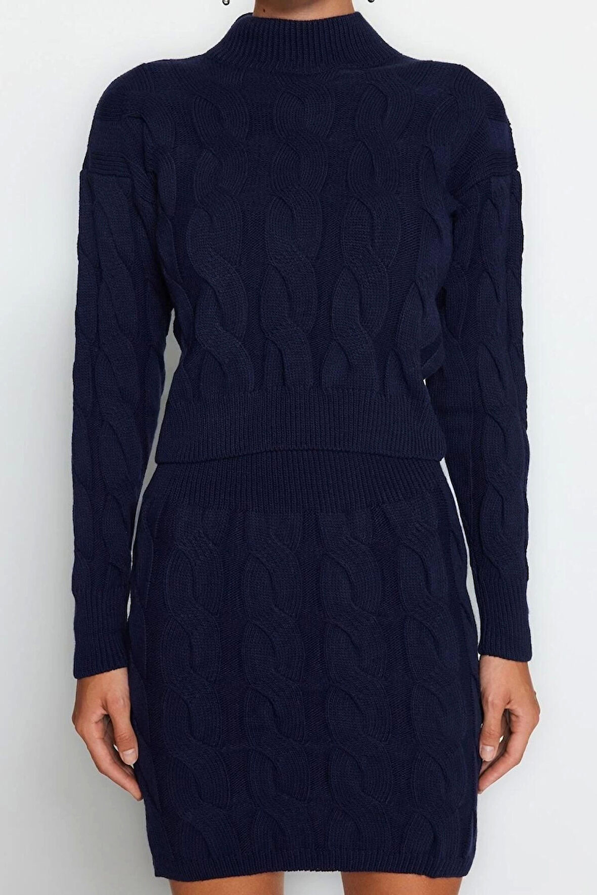 Moda Triko Saç Örgü Dik Yaka Casual Günlük Crop Dik Yaka Triko Alt-Üst Takım