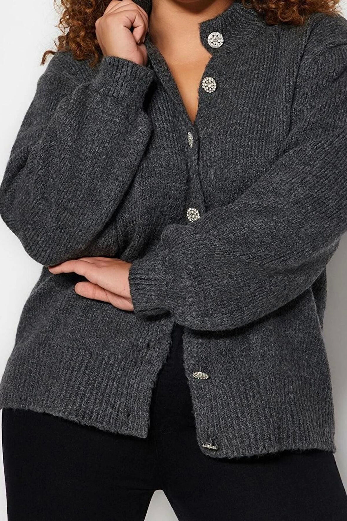 Büyük Beden Kadın Modern Tarz Rahat Uzun Bisiklet Yaka Düz Kol Regular Triko Hırka