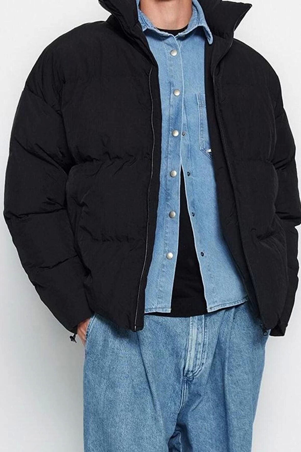 Tasarım Düz Astarlı Yaka Standart Bol Dik Unisex Oversize Fit Dik Yaka Şişme Kışlık Mont