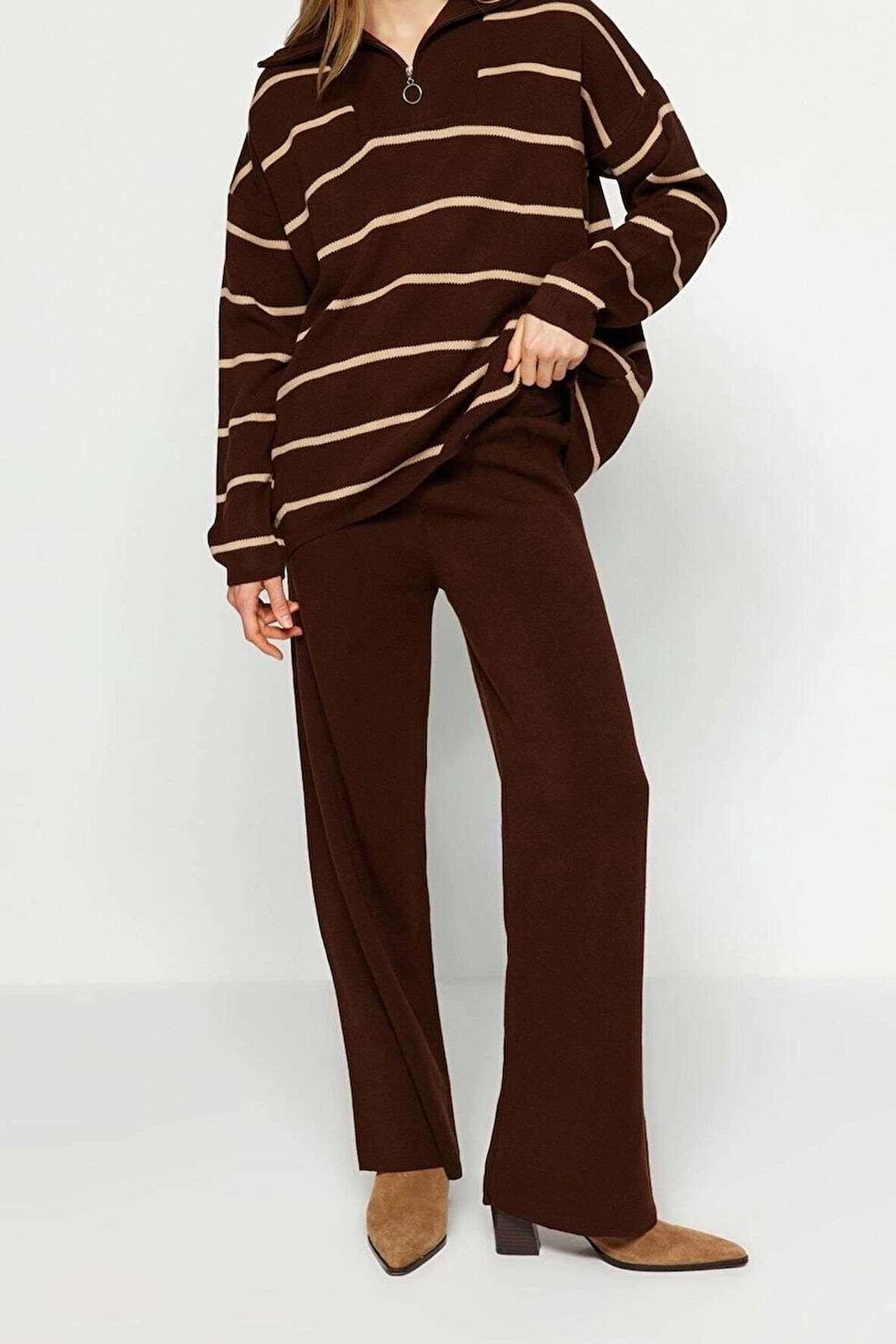 Moda Çizgili Dik Yaka Düşük Kol Casual Günlük Geniş Kalıp Fermuarlı Triko Alt-Üst Takım