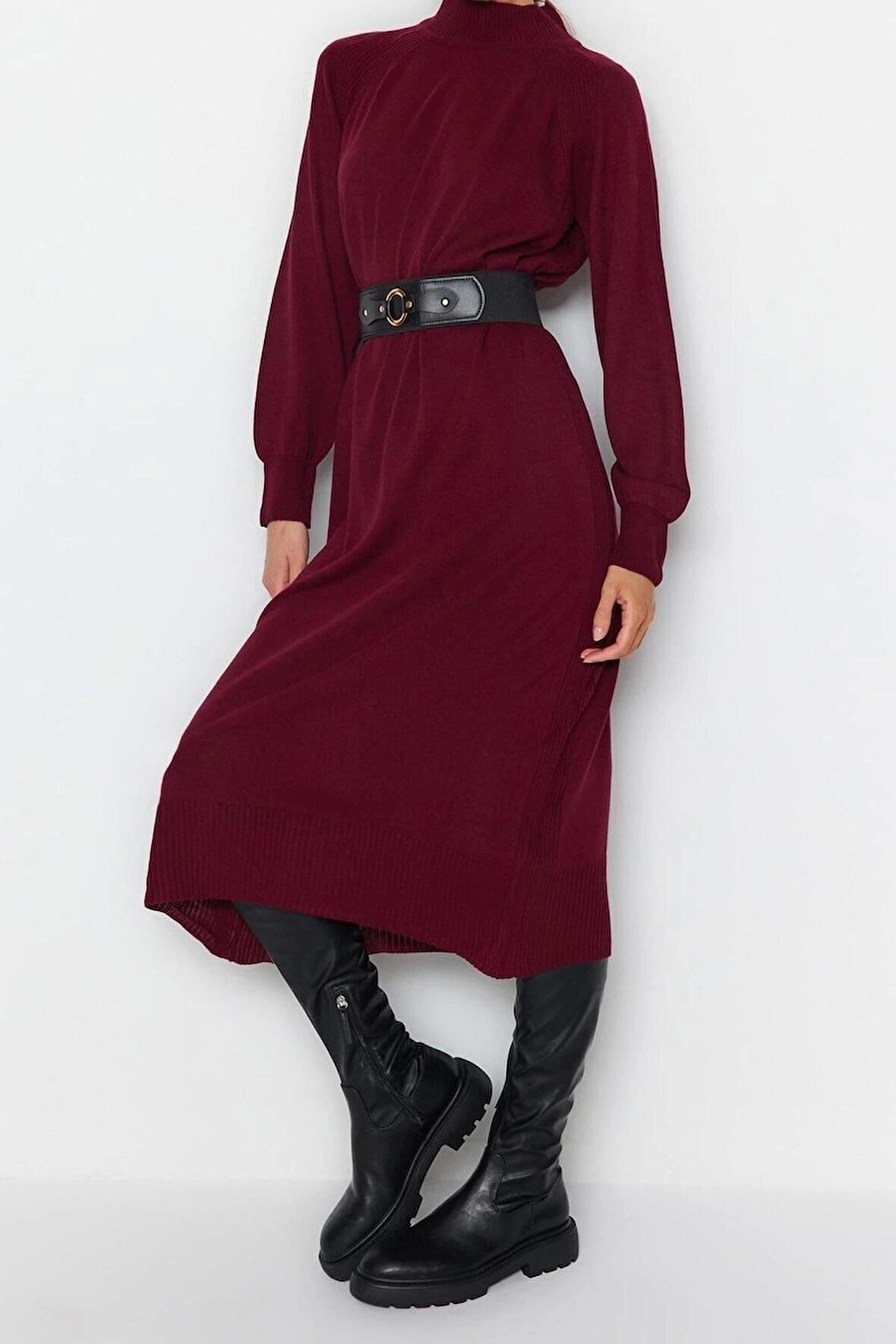 Moda Regular Casual Günlük Tek Plaka Dokuma Bisiklet Yaka Uzun Kol Shift Maxi Boy Tesettür Elbise