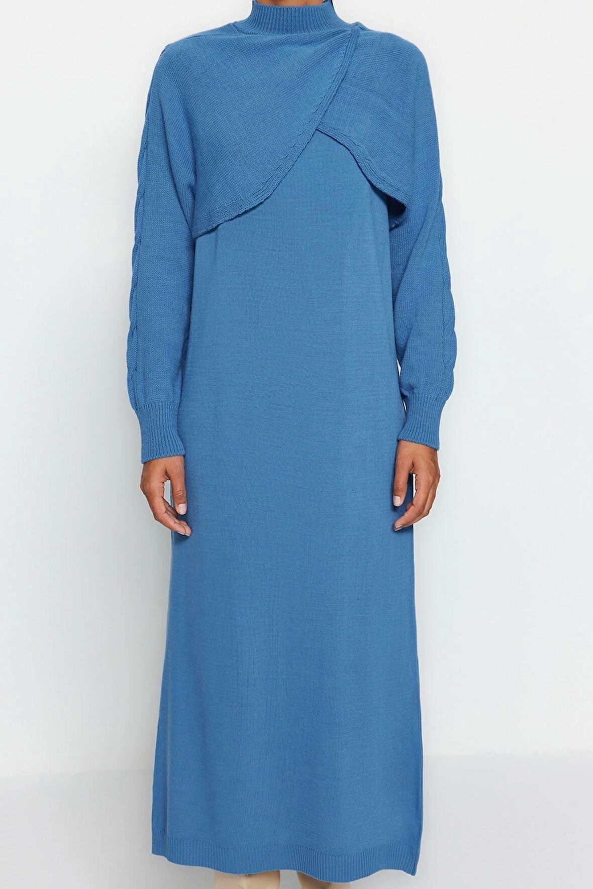 Moda Triko Düz Bisiklet Yaka Balon Kol Casual Günlük Bolero Detaylı Triko Elbise Takım