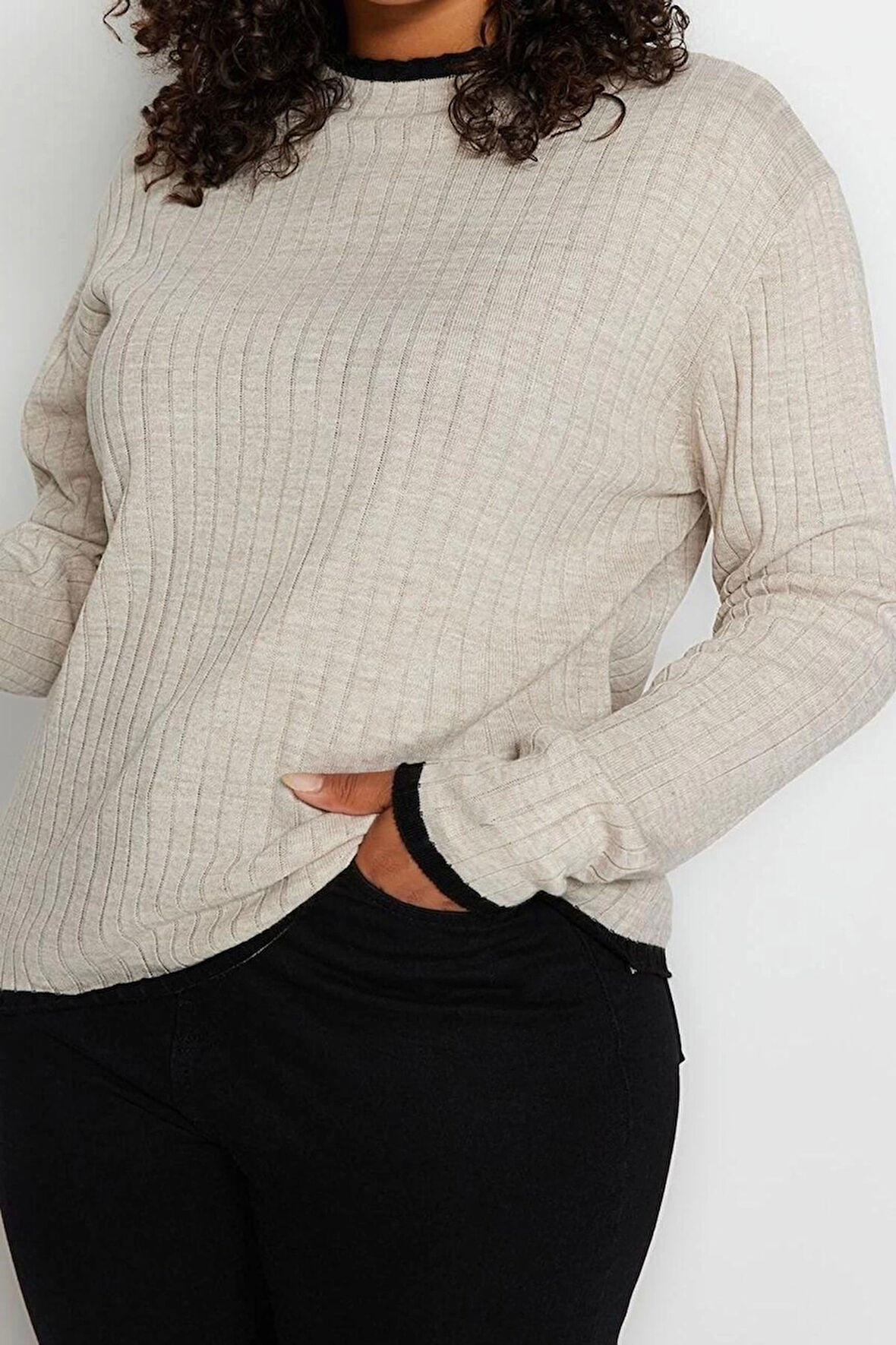 Büyük Beden Kadın Modern Tarz Rahat Uzun Dik Yaka Düz Kol Regular Triko Kazak