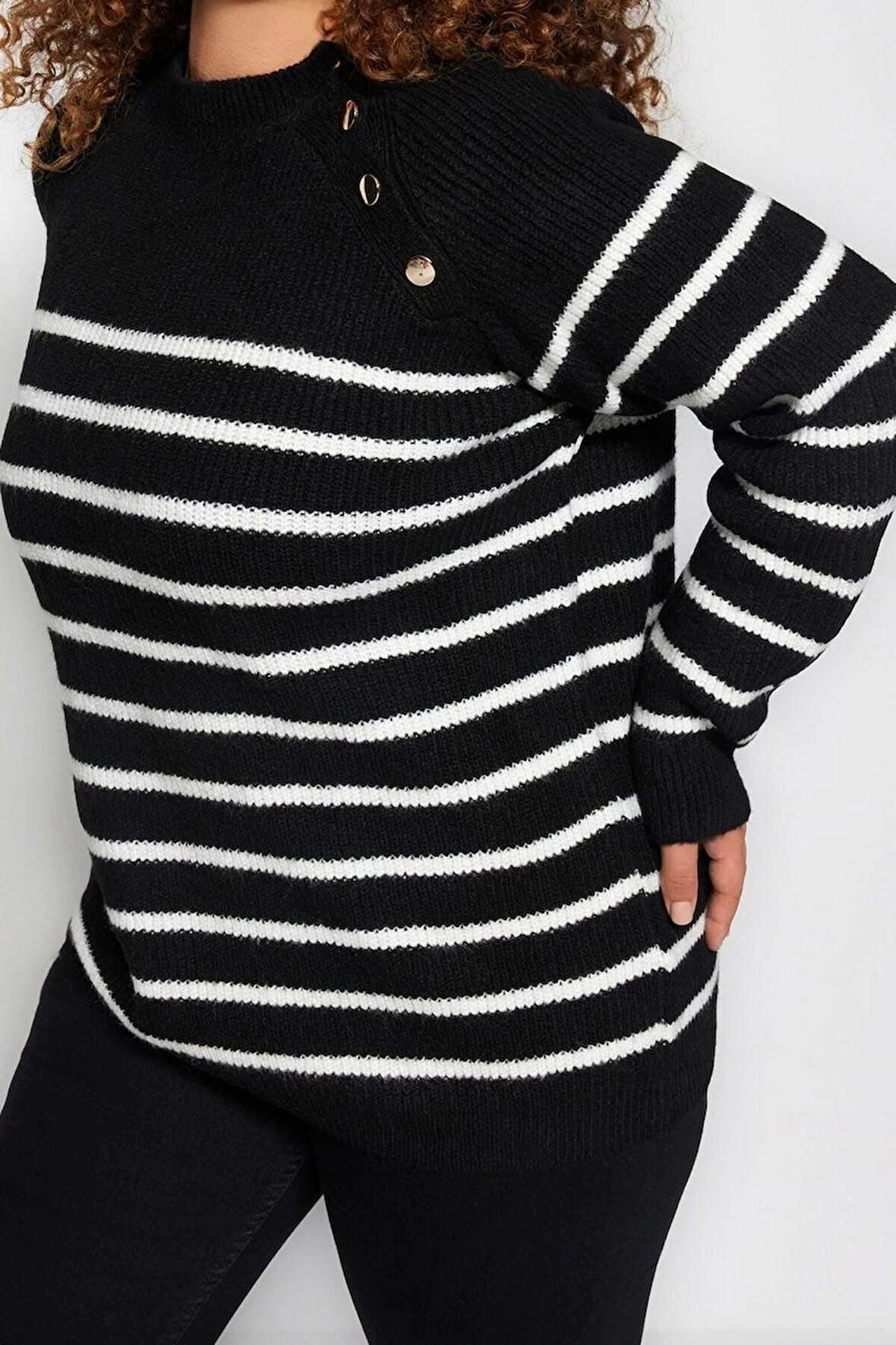 Büyük Beden Kadın Modern Tarz Rahat Uzun Bisiklet Yaka Çizgili Kol Regular Triko Kazak