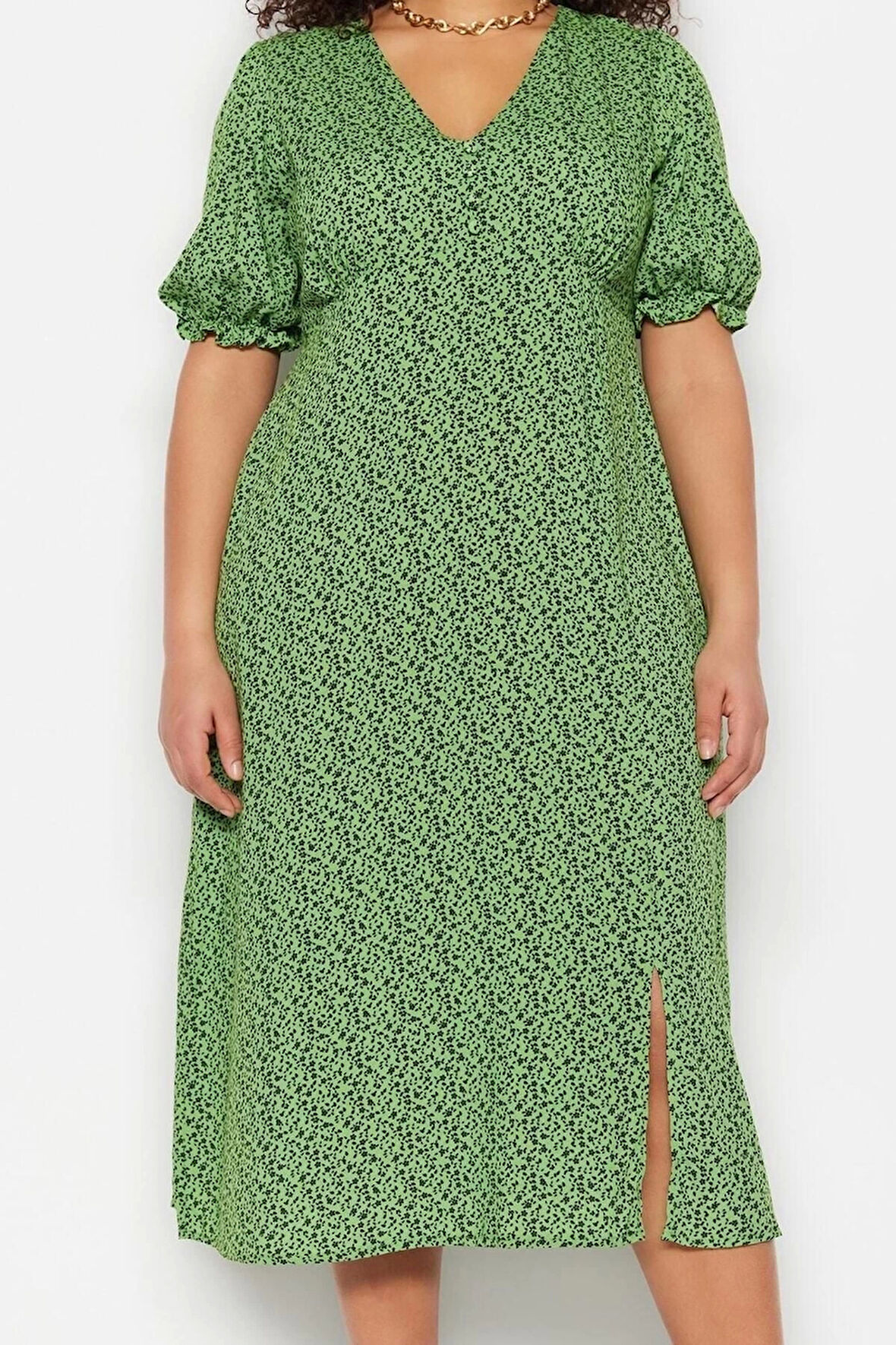 Moda Rahat Casual Günlük Shally Dokuma V Yaka Kısa Kol A-Line Midi Boy Büyük Beden Elbise