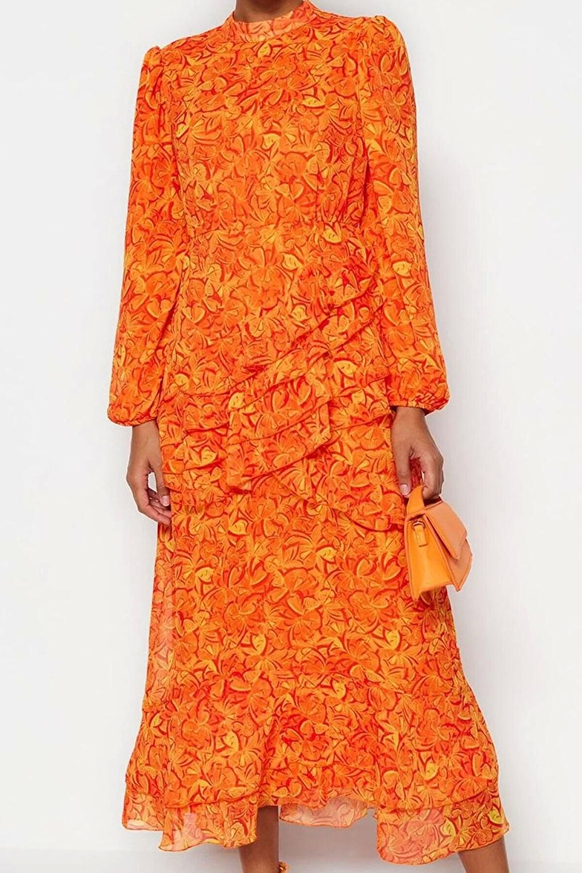 Moda Stil Regular Bisiklet Yaka Maxi Boy Tesettür Çiçekli Eteği Fırfırlı Astarlı Dokuma Şifon Elbise