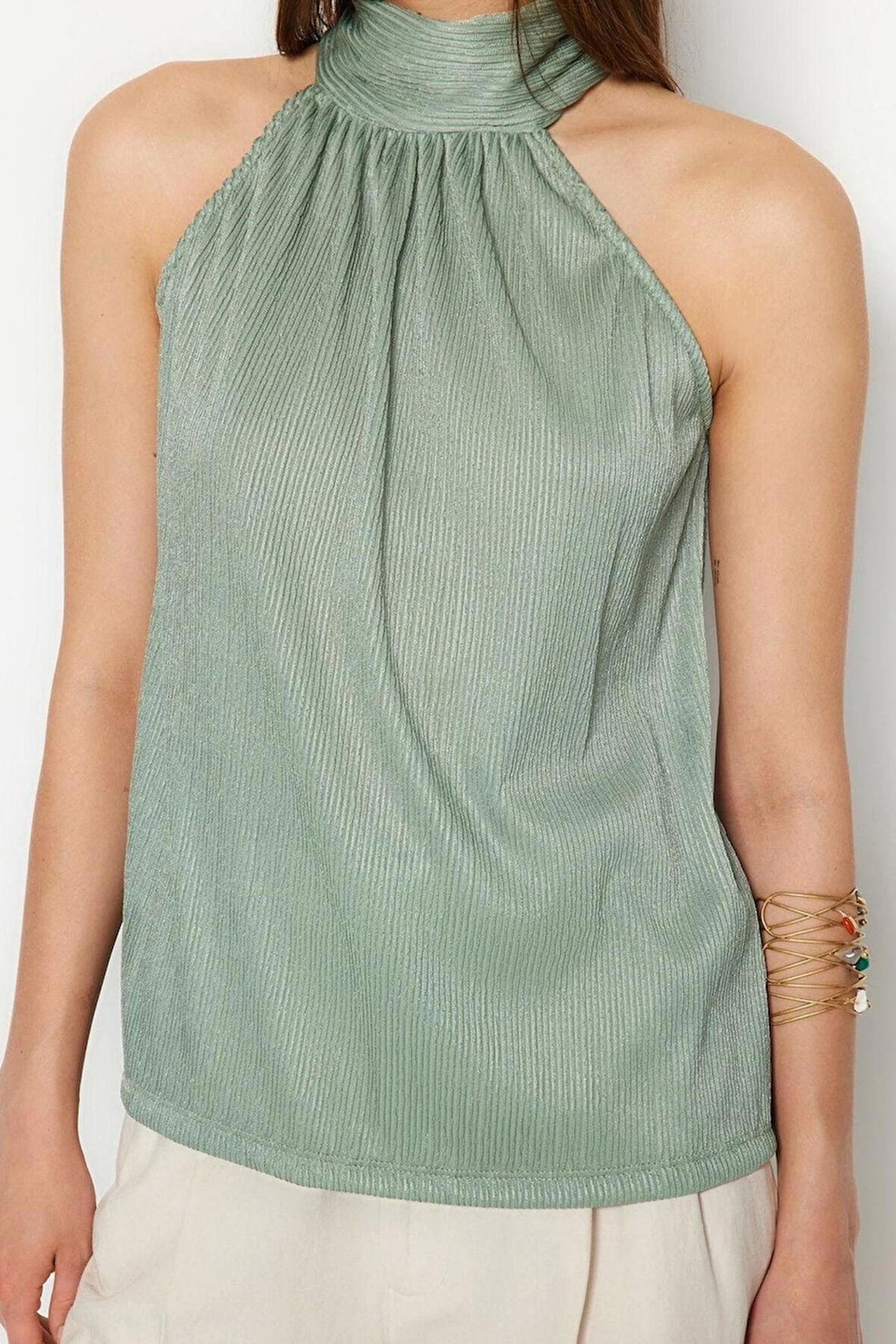Moda Halter Yaka Örme Regular Düz Desen Resmi Regular Kolsuz Bluz