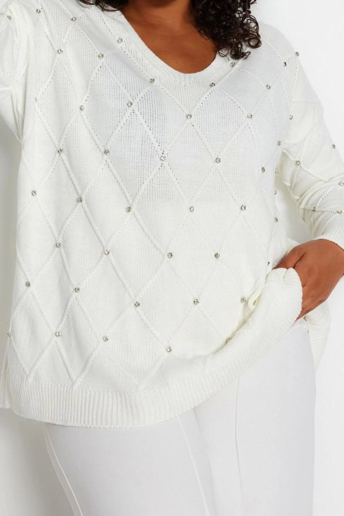 Büyük Beden Kadın Modern Tarz Rahat Uzun V Yaka Saç Örgü Kol Regular Triko Kazak