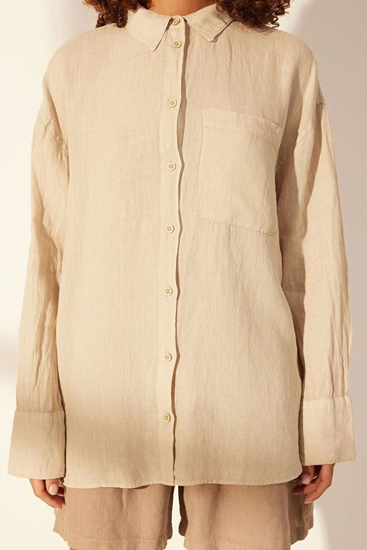 Moda Kadın Gömlek Yaka Düz Desen Günlük %100 Keten Oversize Gömlek