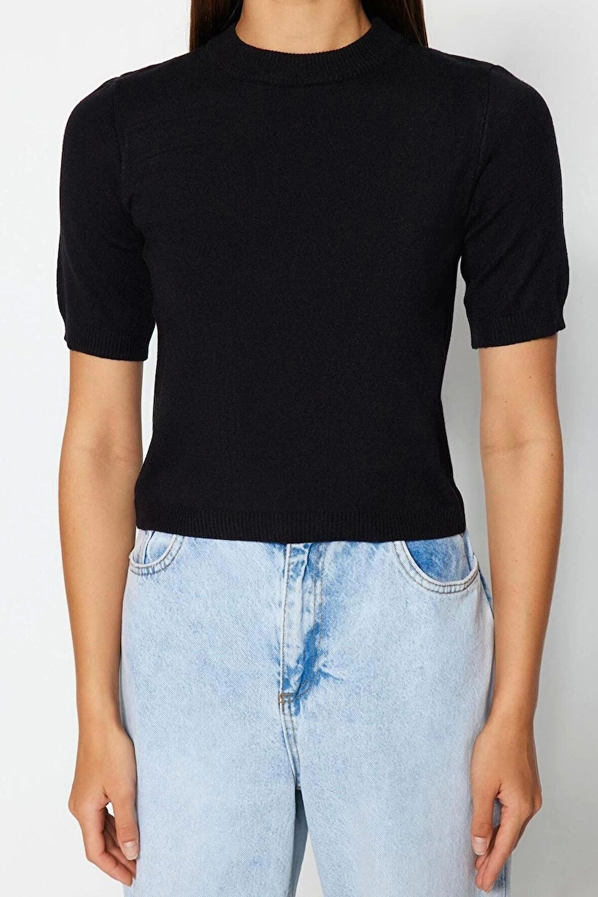 Moda Bisiklet Yaka Triko Regular Düz Desen Casual Günlük Crop Kısa Kol Bluz