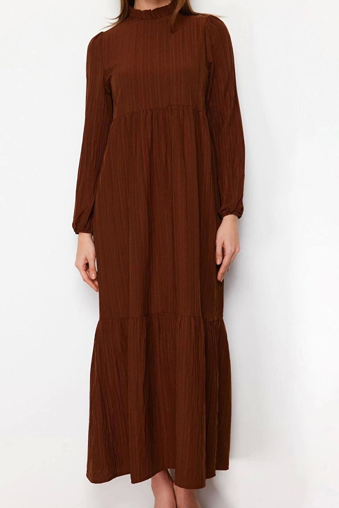 Moda Rahat Casual Günlük Crinkle Dokuma Dik Yaka Uzun Kol A-Line Maxi Boy Tesettür Elbise