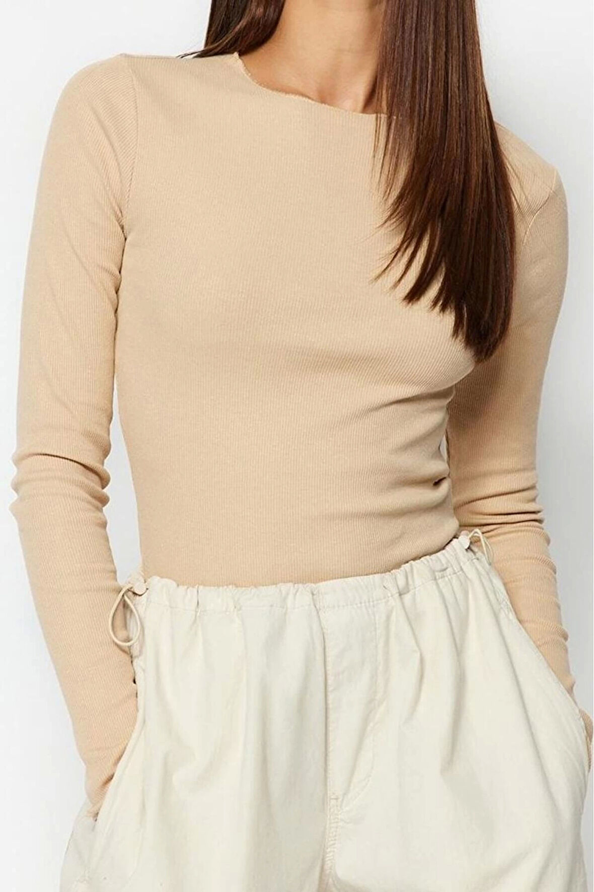 Stil Kadın Fitilli Fitted Vücuda Oturan Pamuklu Esnek Bluz Regular Örme Slim Kalıp
