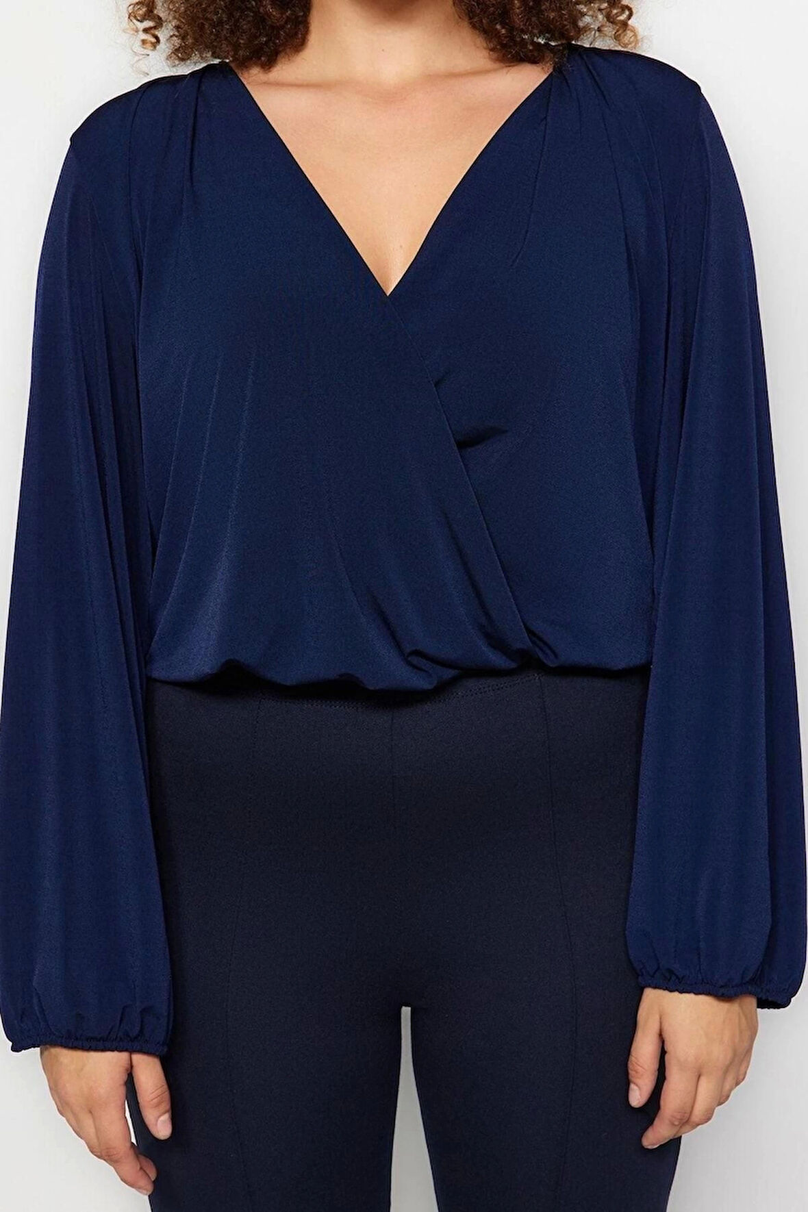 Moda Büyük Beden Kruvaze Örme Regular Düz Desen Casual Günlük Regular Uzun Kol Bluz