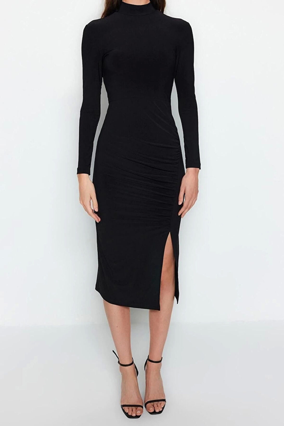 Moda Slim Gündüz Gece Kalın Sandy Örme Dik Yaka Uzun Kol Bodycone Midi Boy Elbise