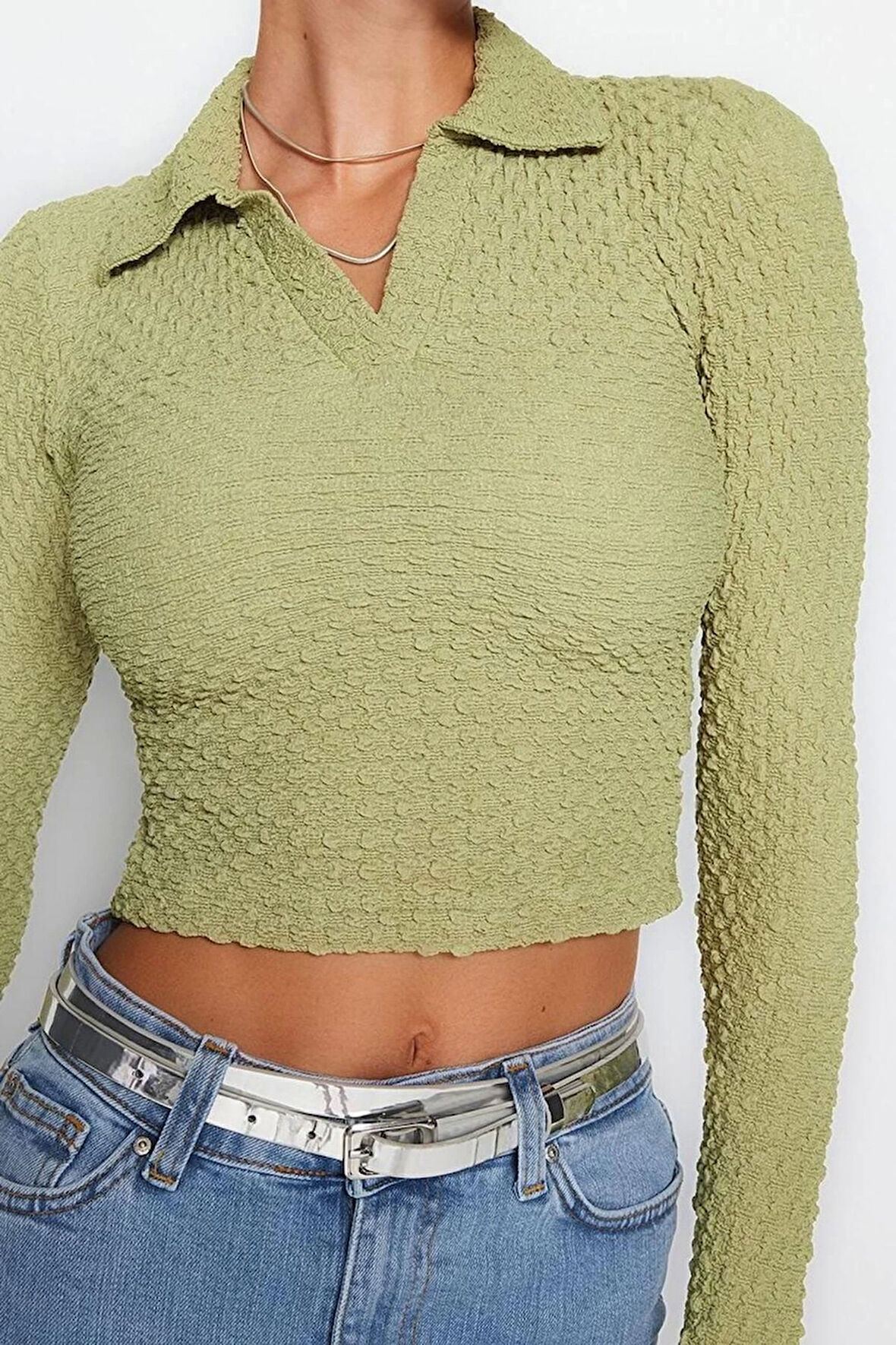 Stil Kadın Dokulu Kumaş Fitted Vücuda Oturan Bluz Crop Örme Slim Kalıp