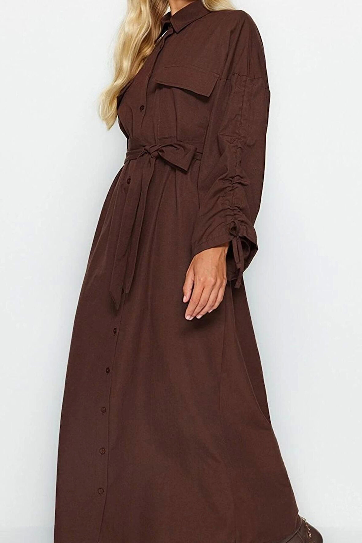 Moda Oversize Maxi Tesettür Kuşaklı Kolları Ayarlanabilir Detaylı Pamuklu Dokuma Gömlek Elbise