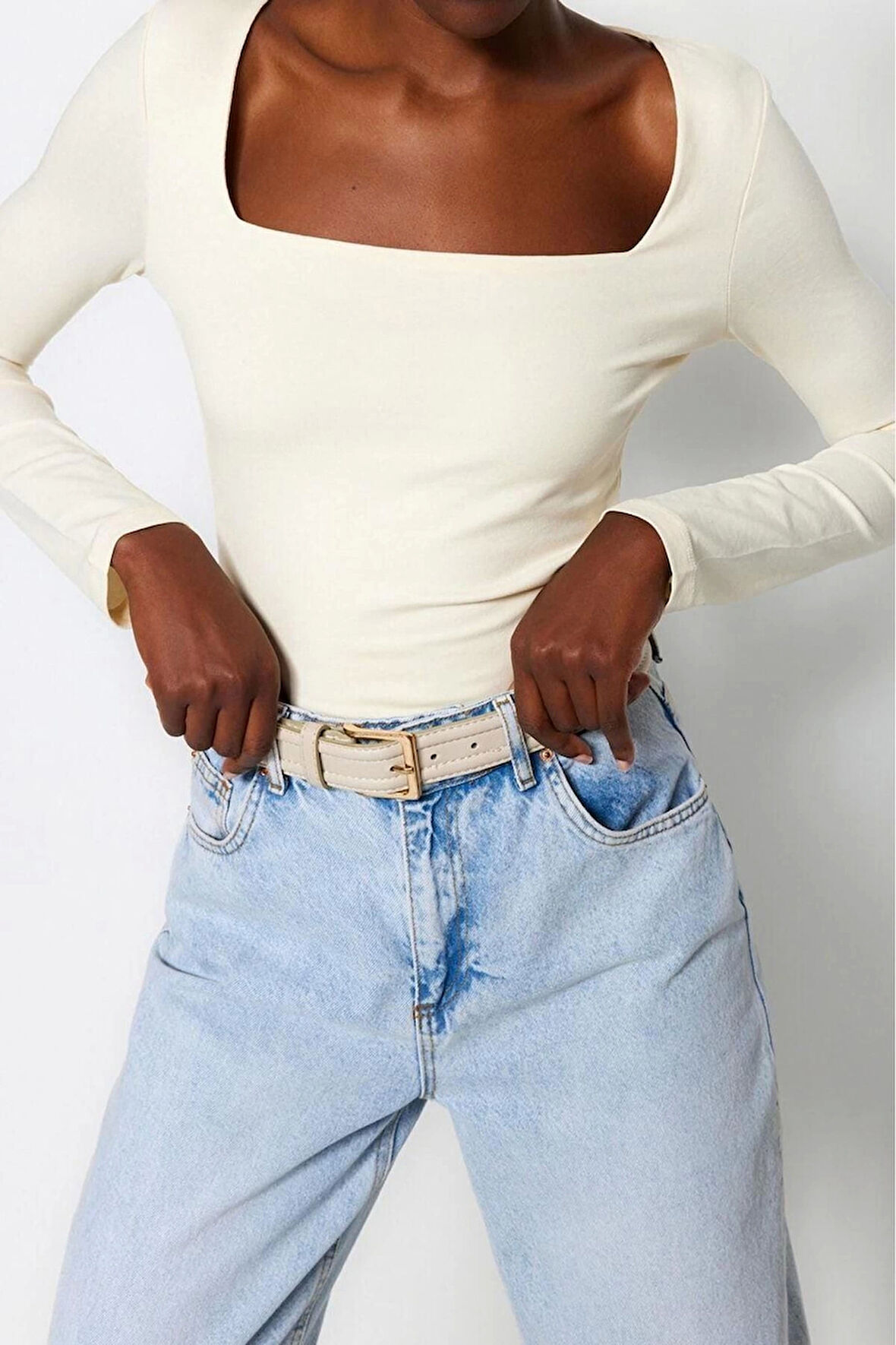 Moda Kare Yaka Örme Slim Düz Desen Casual Günlük Regular Uzun Kol Bluz