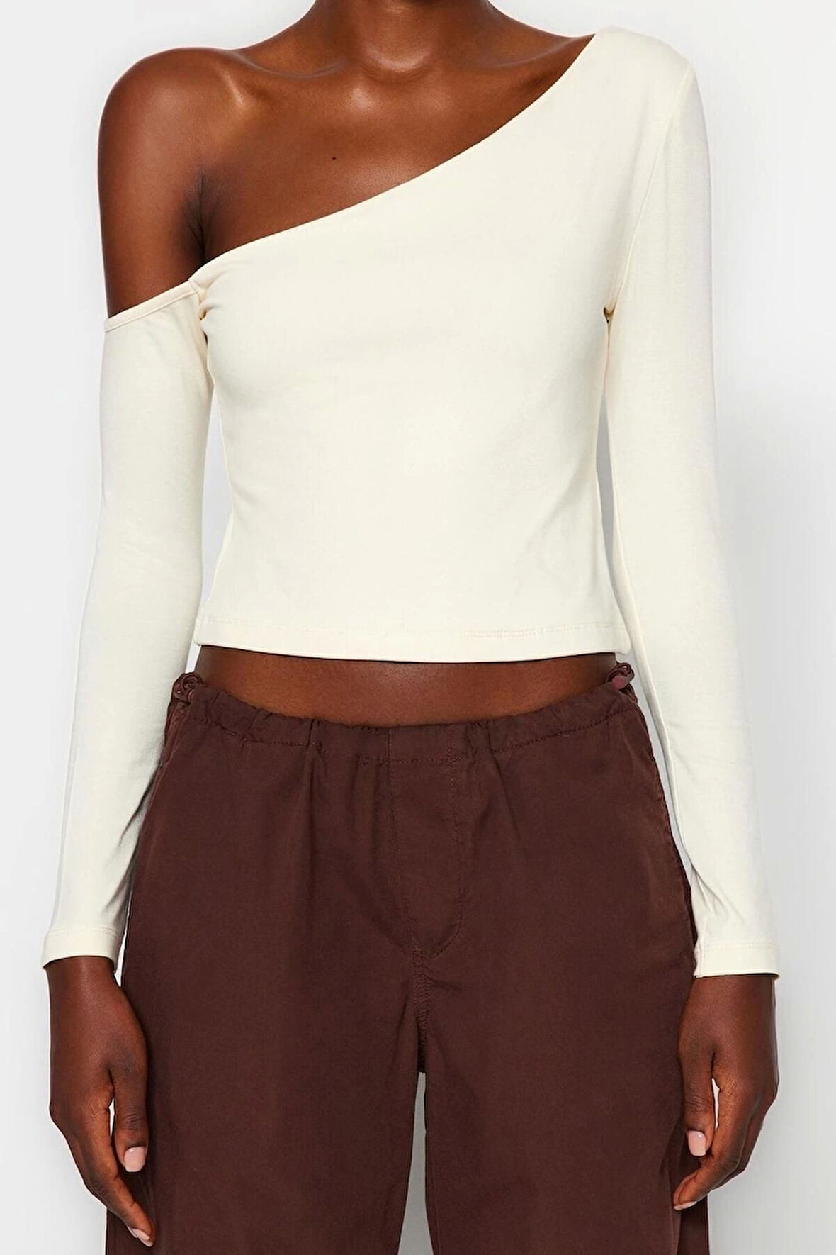 Moda Asimetrik Yaka Örme Slim Düz Desen Casual Günlük Crop Uzun Kol Bluz