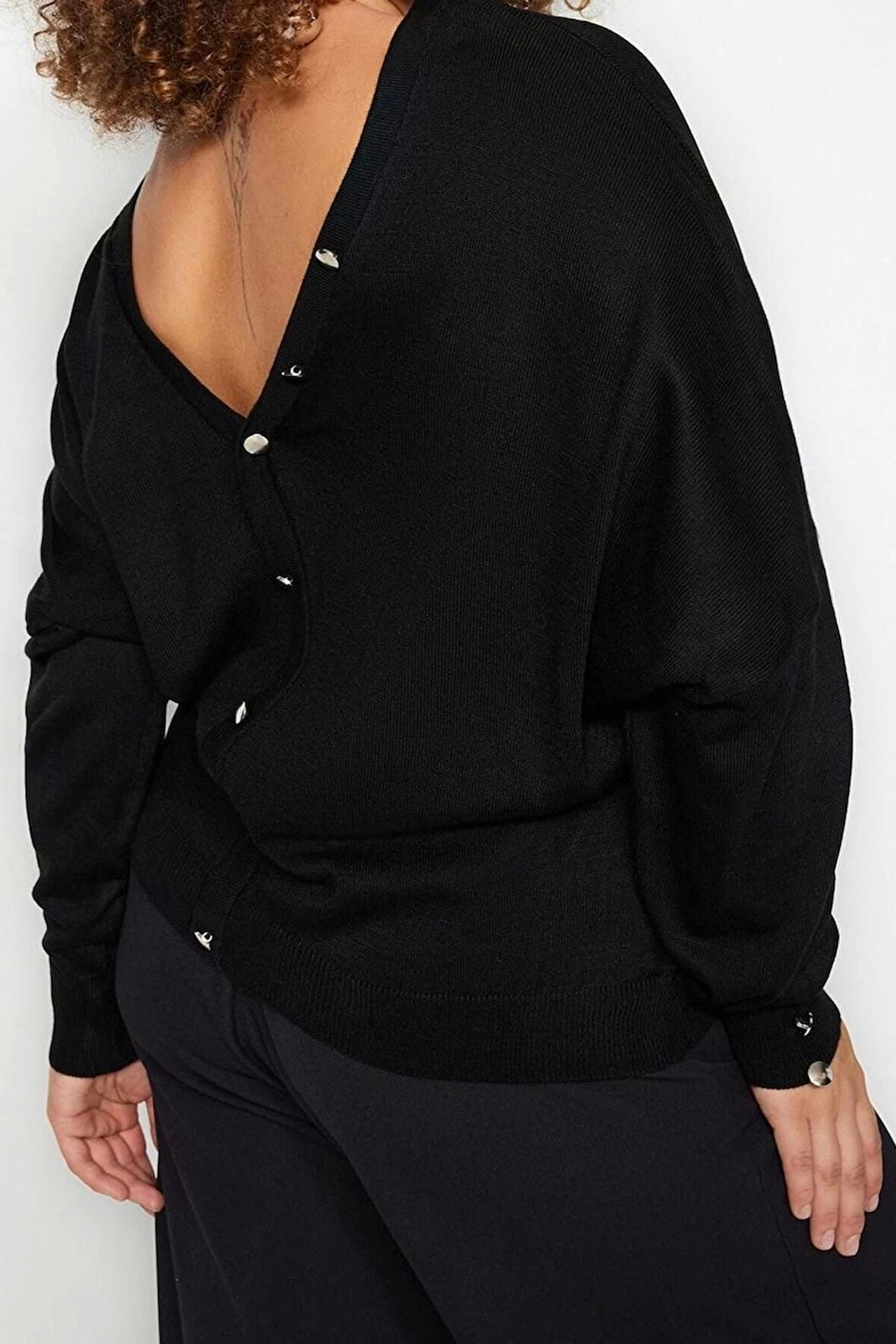 Büyük Beden Kadın Modern Tarz Rahat Uzun V Yaka Düz Kol Regular Triko Kazak