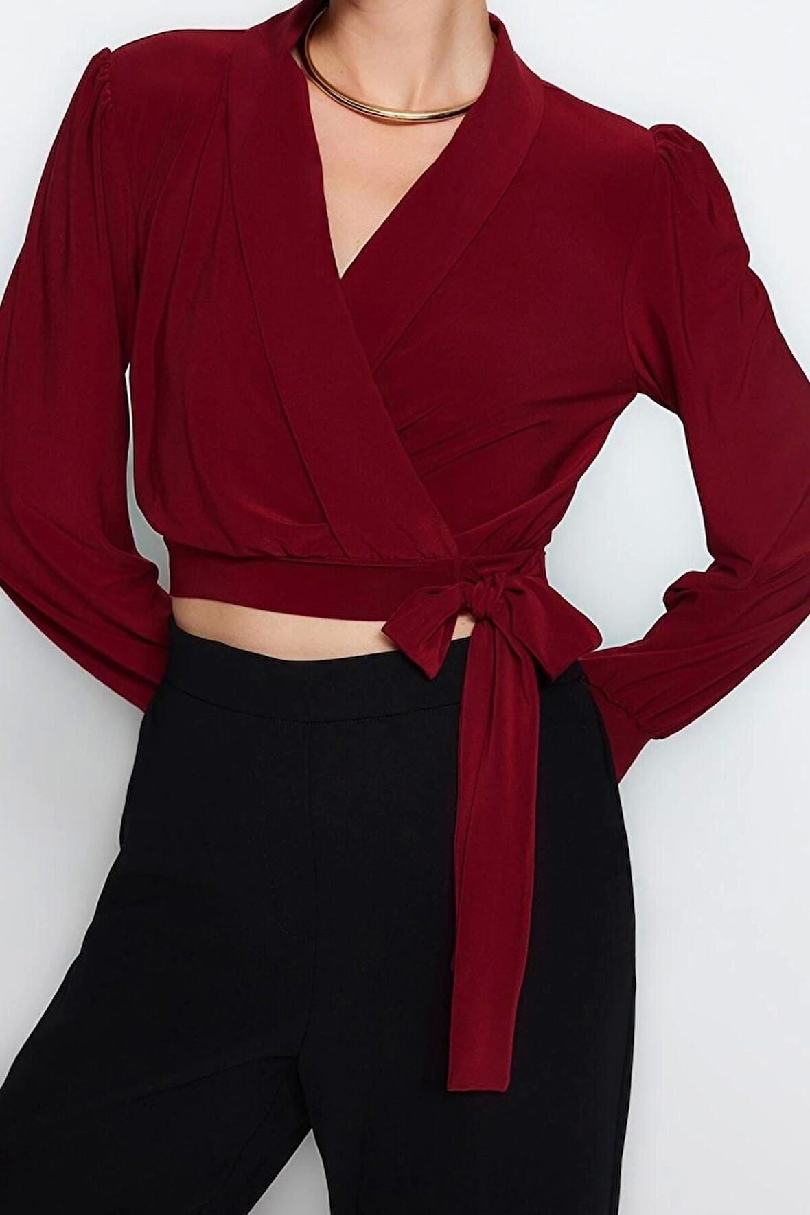 Stil Kadın Kruvaze Kapamalı Esnek Bluz Crop Örme Regular Kalıp Balon Kol