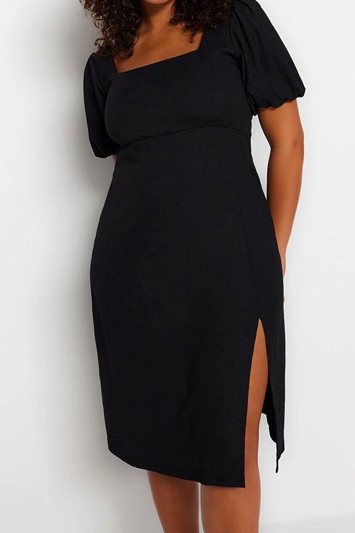 Moda Slim Casual Günlük Bürümcük Örme Kare Yaka Kısa Kol A-Line Midi Boy Büyük Beden Elbise