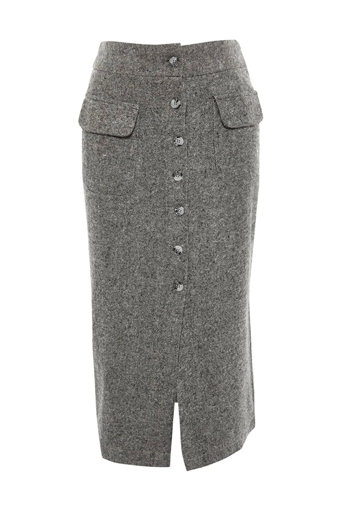 Modern Tarz Astarsız Dokuma Midi Boy Cep Detaylı Düğmeli Kaşe Kumaş Midi Dokuma Etek