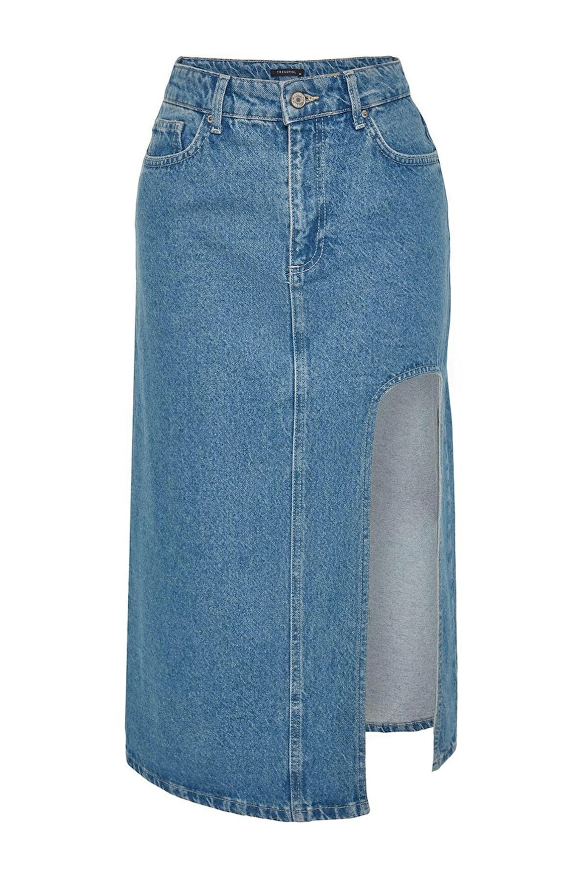 Moda Denim Düz Desen Günlük Maxi Boy Yırtmaçlı Midi Denim Etek
