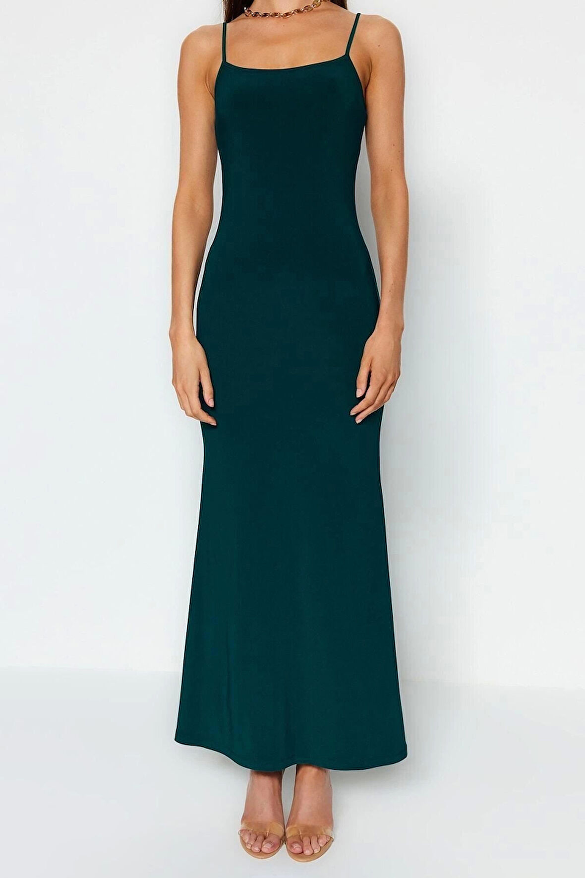 Moda Askılı Kare Yaka Maxi Elbise Mor Fitted Vücuda Oturan Askılı Maxi Esnek Örme Kalem Elbise