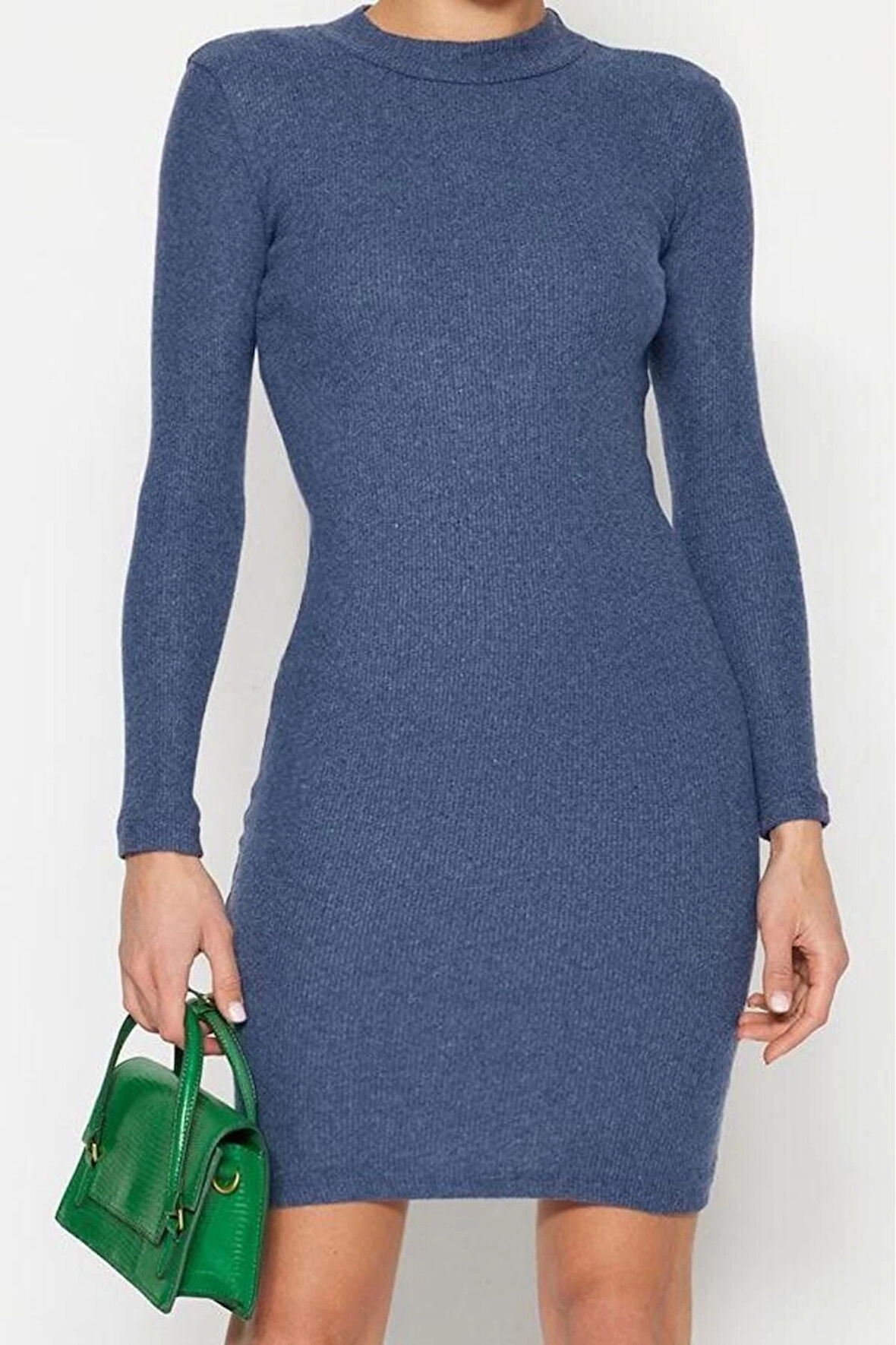 Moda Stil Slim Dik Yaka Mini Boy Vücuda Oturan Fitilli Esnek Örme Kalem Elbise