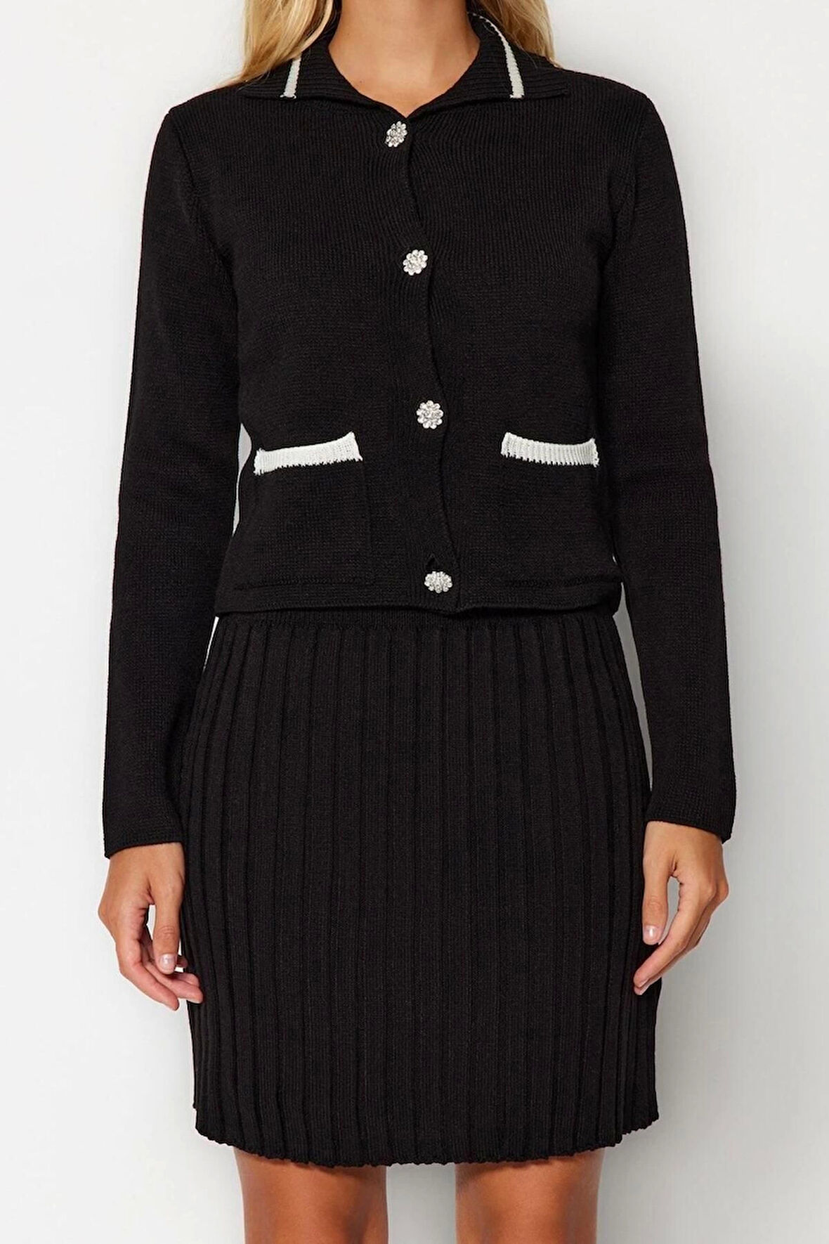 Moda Triko Renk Bloklu Polo Yaka Casual Günlük Taş Crop Cep Detaylı Mini Etekli Triko Alt-Üst Takım