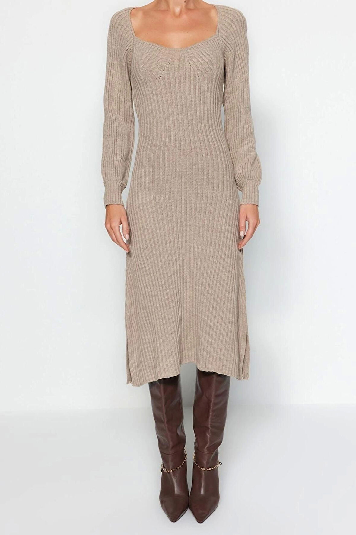 Moda Slim Casual Günlük Tek Plaka Triko Kalp Yaka Uzun Kol Basic Midi Boy Elbise