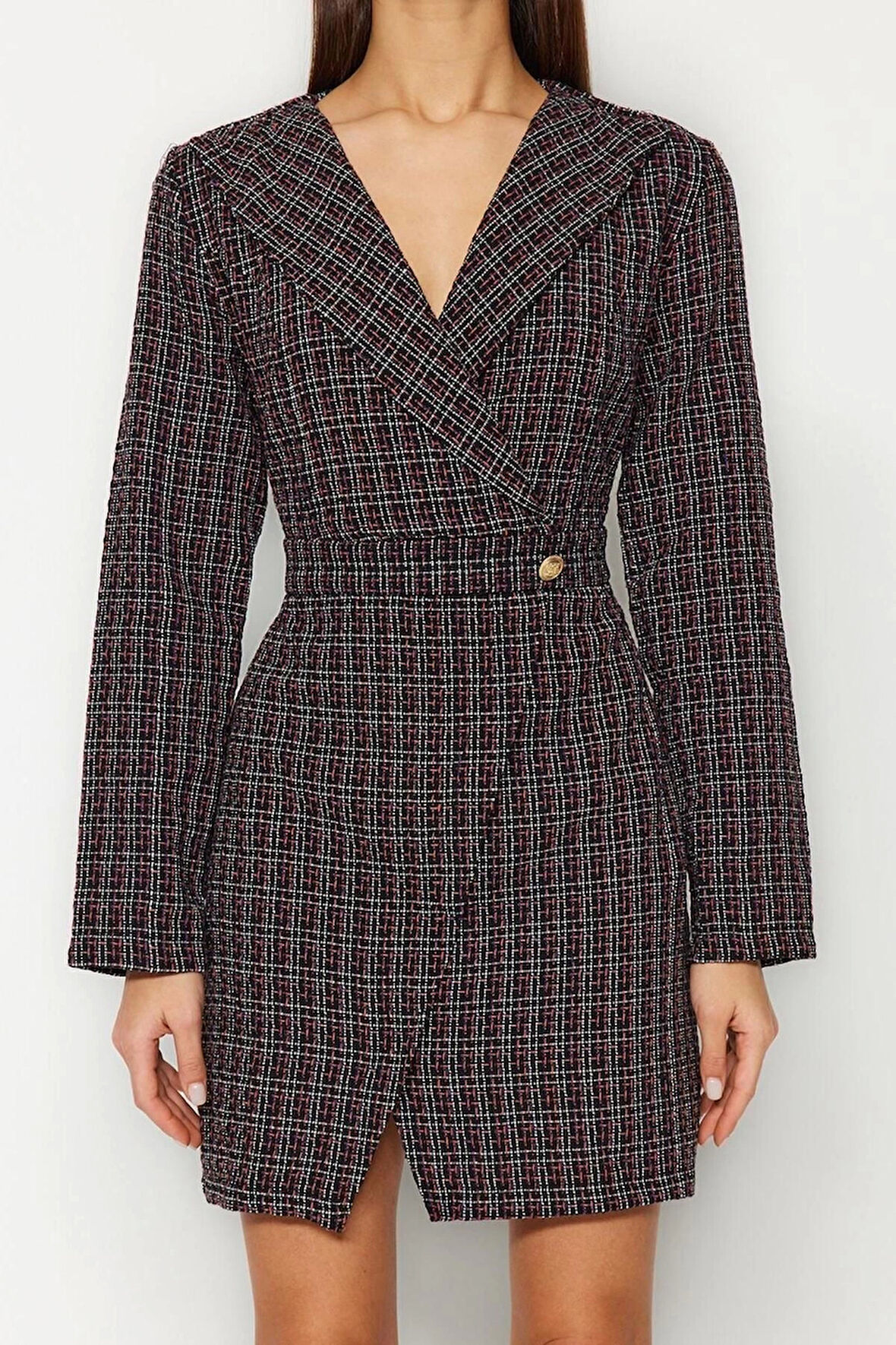 Moda Regular Business Tüvit Dokuma Ceket Yaka Uzun Kol Ceket Elbise Mini Boy Elbise