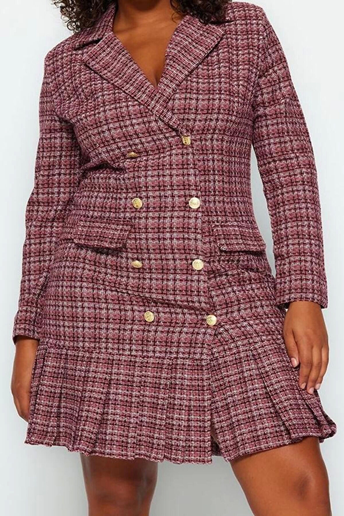 Moda Stil Fitted Ceket Yaka Mini Boy Büyük Beden Ekose Desen Etek Ucu Deatylı Dokuma Elbise