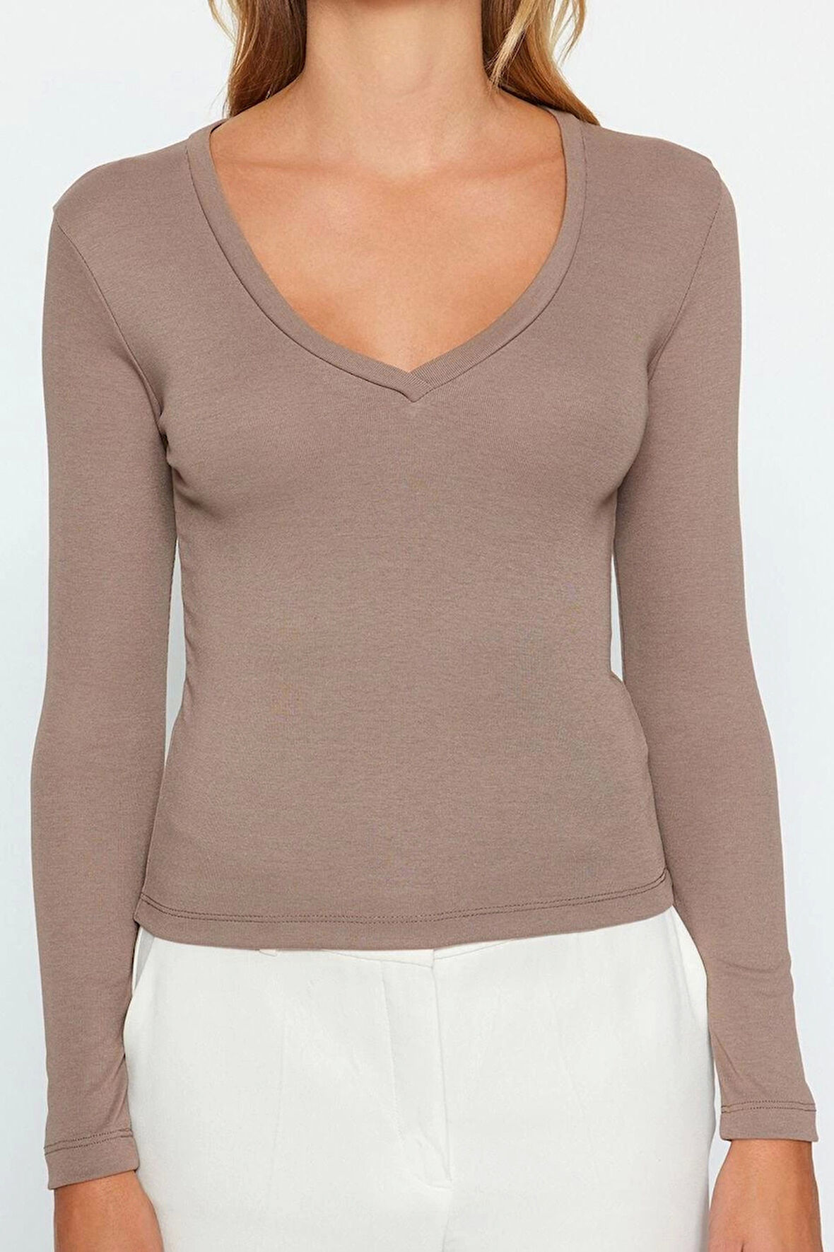 Moda V Yaka Örme Slim Düz Desen Casual Günlük Regular Uzun Kol Bluz