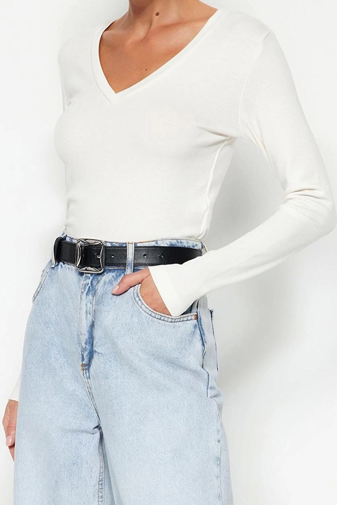 Moda V Yaka Örme Slim Düz Desen Casual Günlük Regular Uzun Kol Bluz