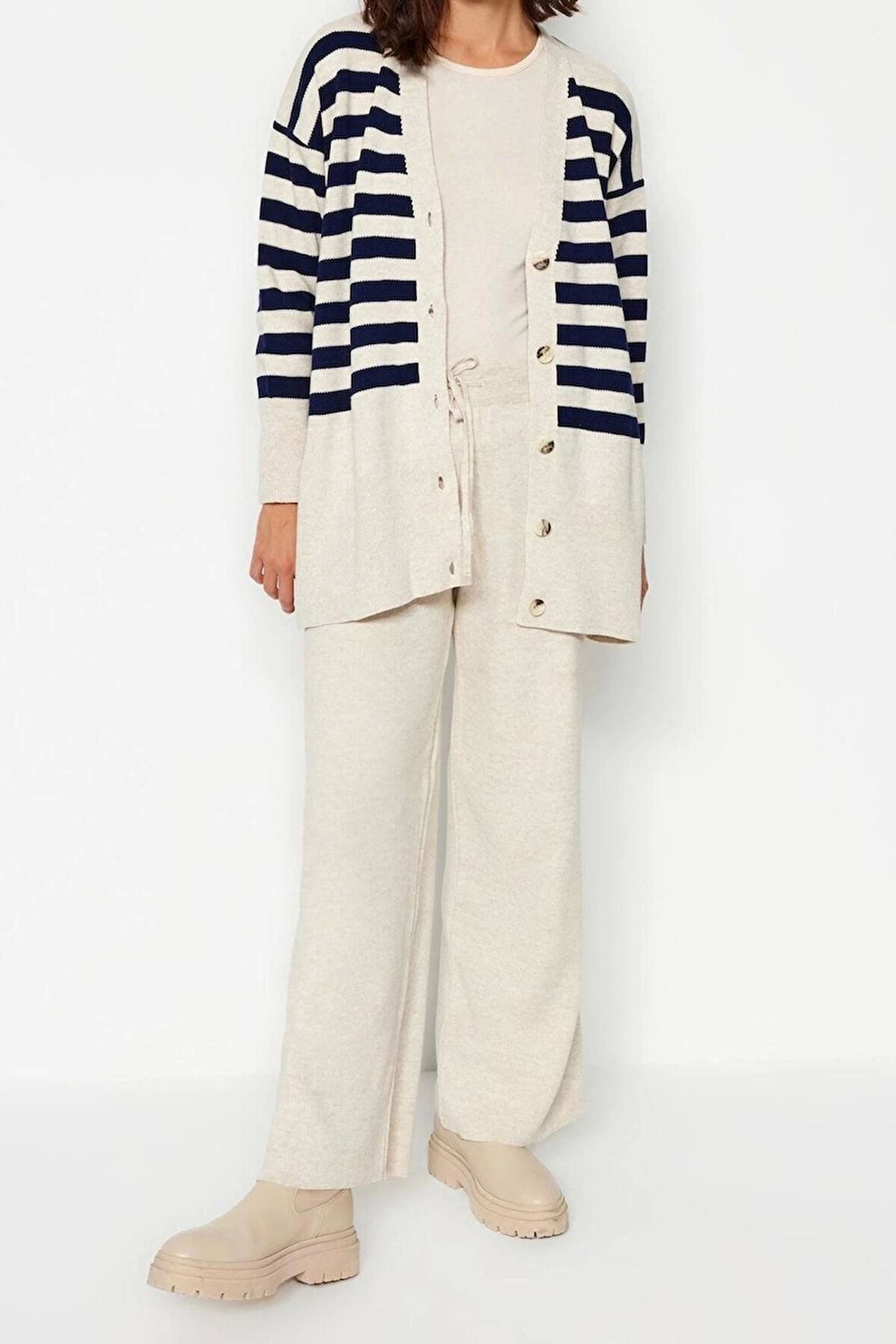 Moda Triko Çizgili V Yaka Düşük Kol Casual Günlük Hırka Pantolon Triko Alt-Üst Takım