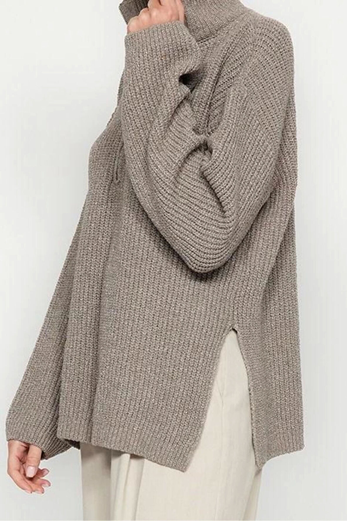 Stil Modern Kadın Regular Düşük Kol Dik Yaka Geniş Kalıp Triko Kazak